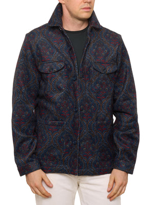 PIETRA SALATA Napoli Navy Blue Floral Pattern Safari Jacket Overshirt NEW