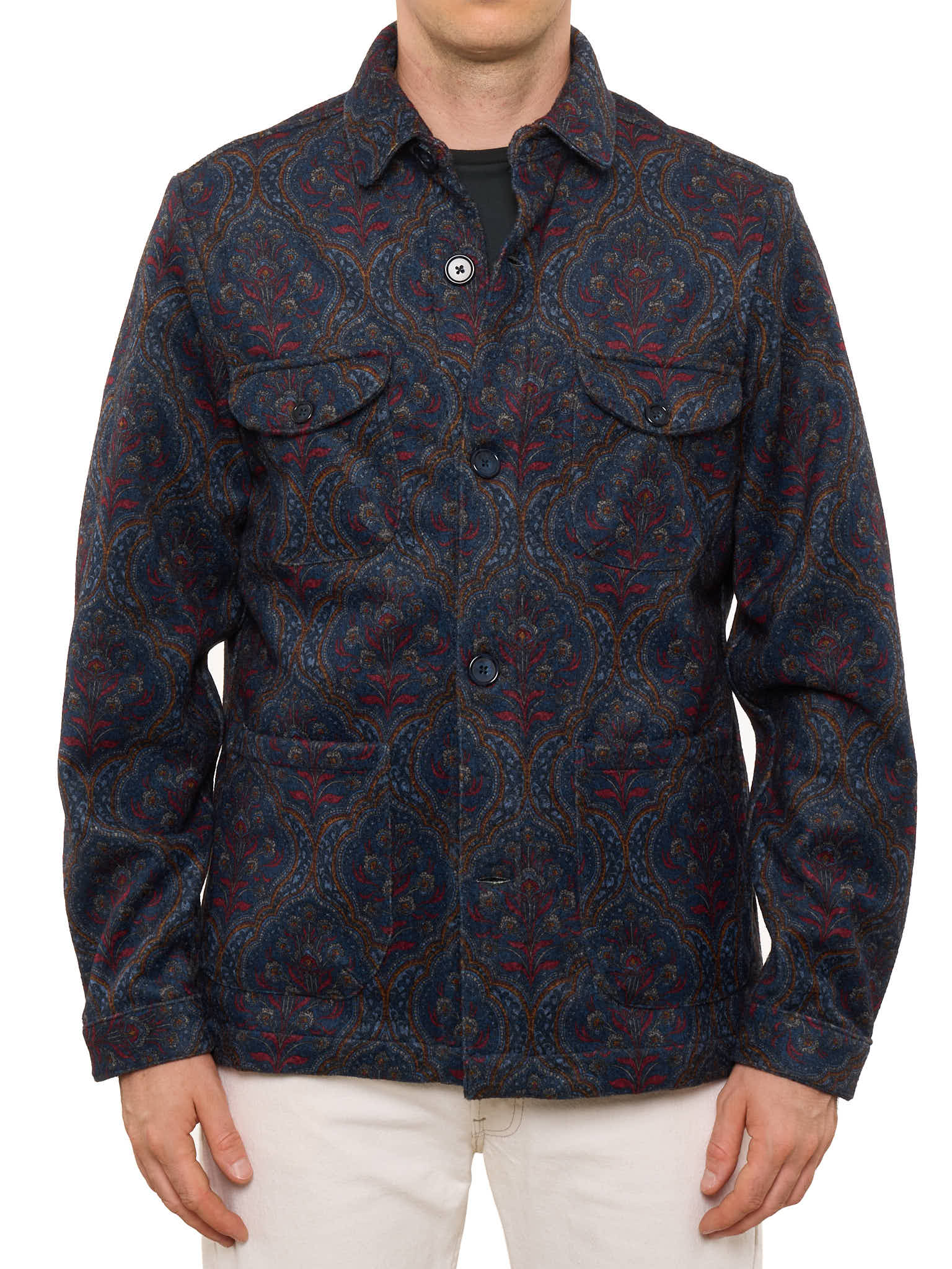 PIETRA SALATA Napoli Navy Blue Floral Pattern Safari Jacket Overshirt NEW
