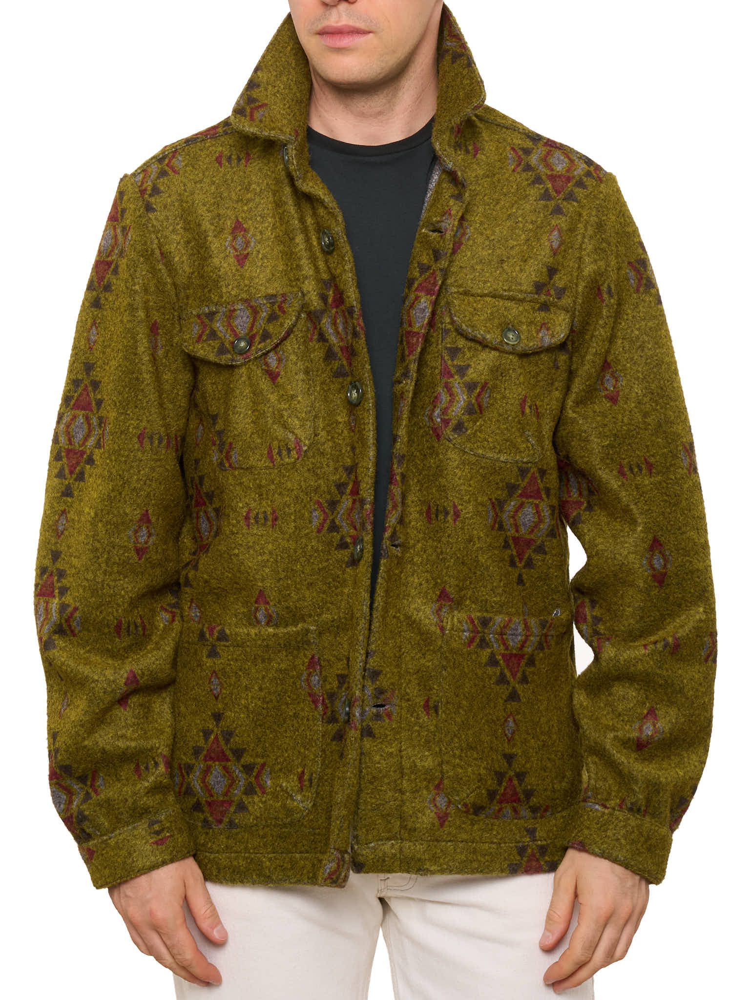 PIETRA SALATA Olive Southwestern Navajo Geometric Safari Jacket Overshirt NEW