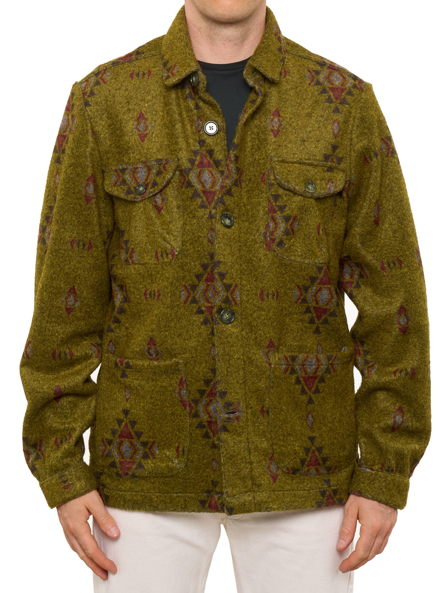 PIETRA SALATA Olive Southwestern Navajo Geometric Safari Jacket Overshirt NEW