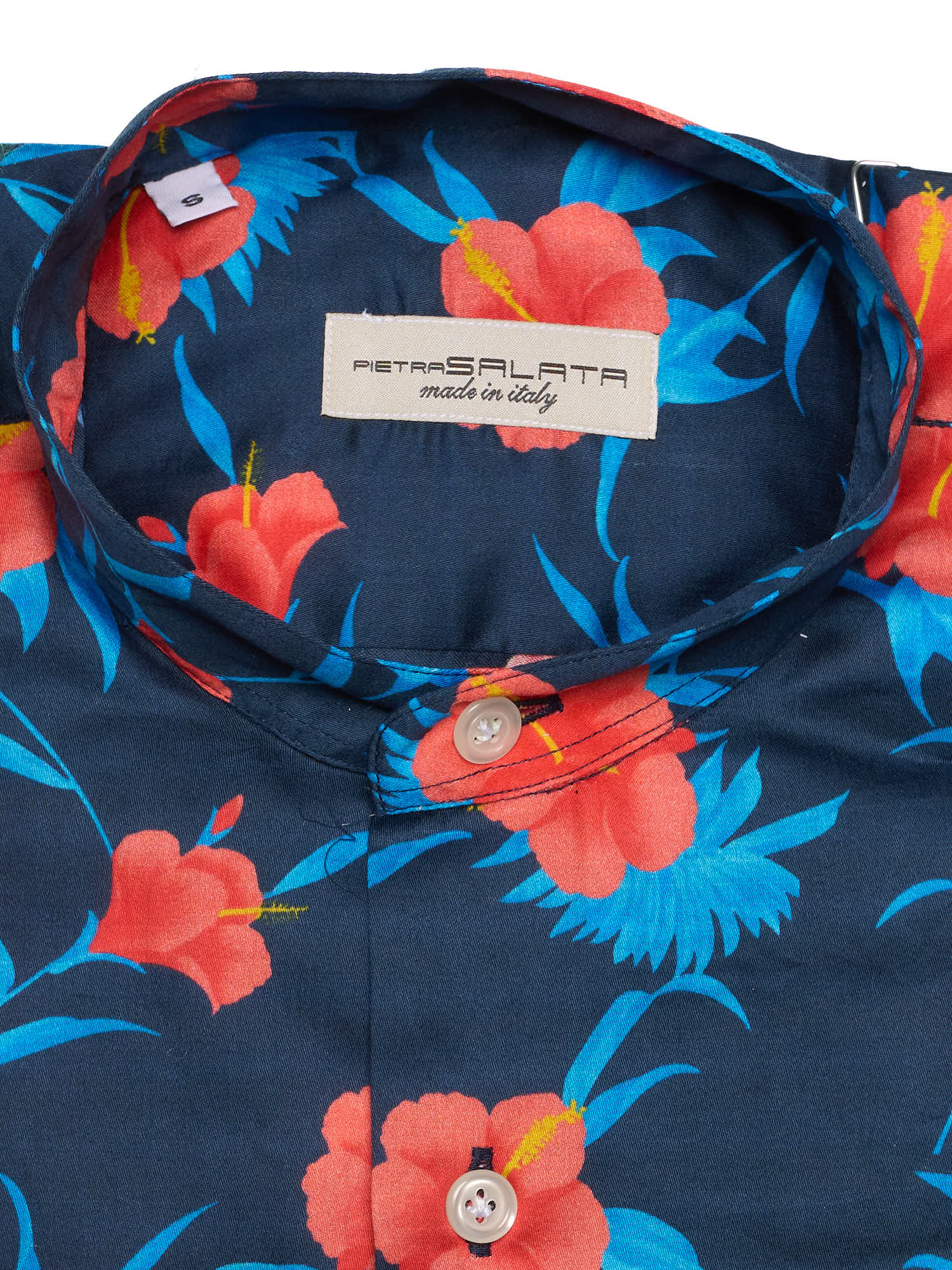 PIETRA SALATA Navy Blue Floral Pattern Cotton Mandarin Collar Shirt