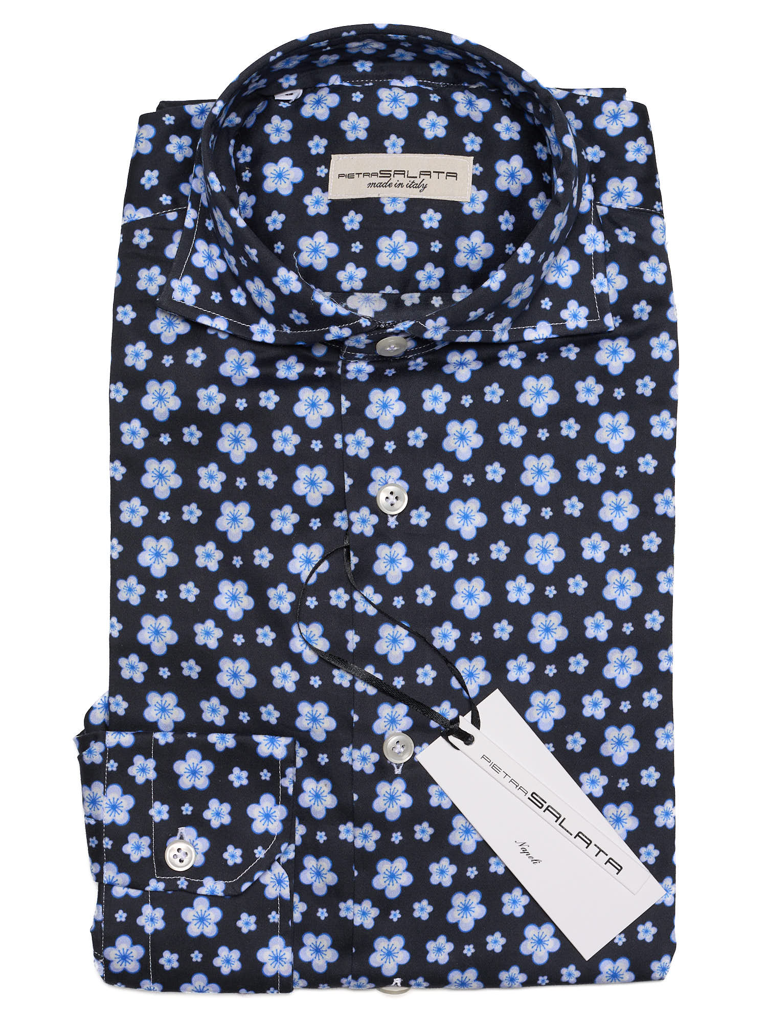PIETRA SALATA Navy Blue Floral Pattern Cotton Spread Collar Shirt
