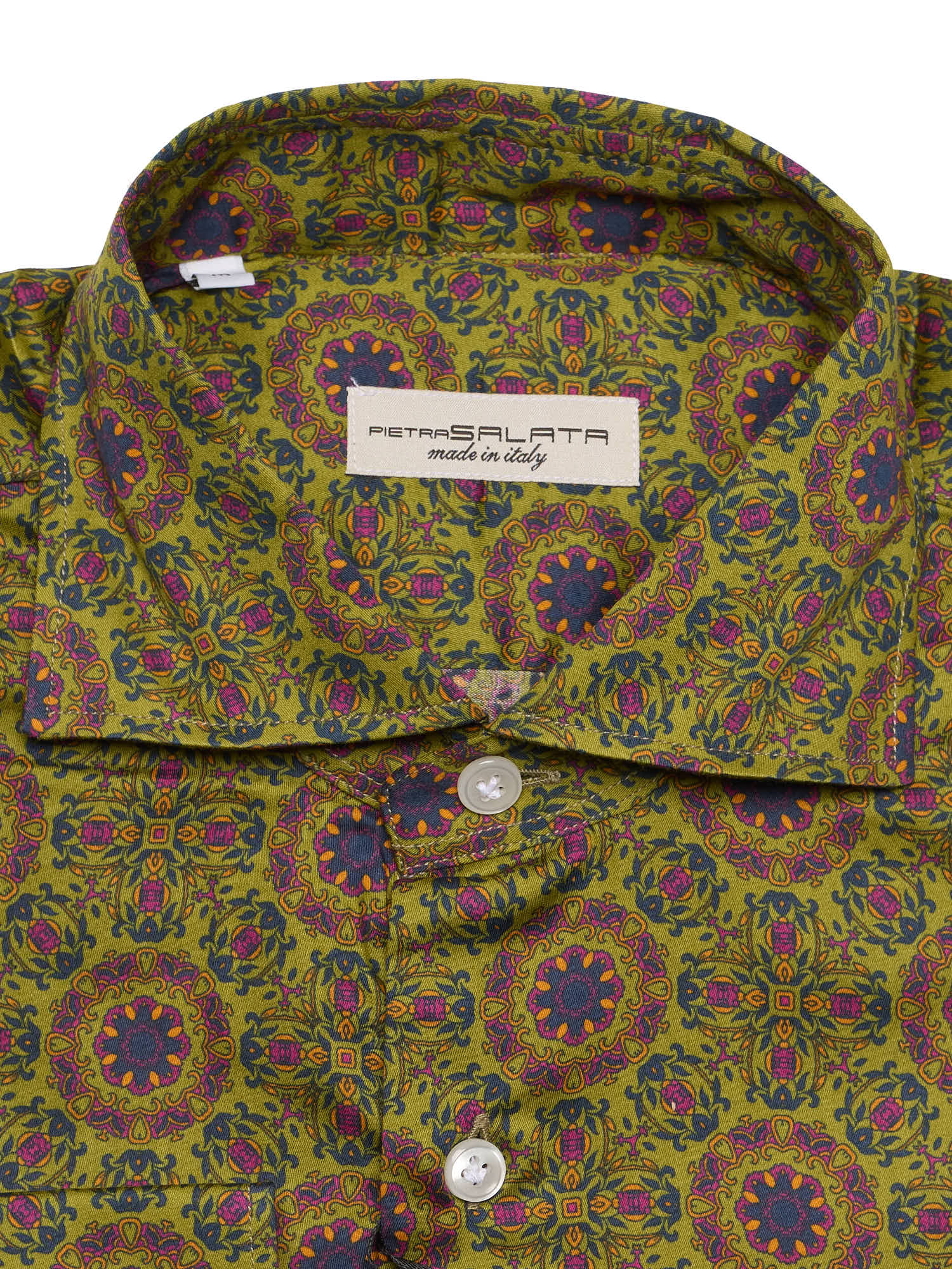 PIETRA SALATA Olive Green with Floral Pattern Cotton Spread Collar Shirt