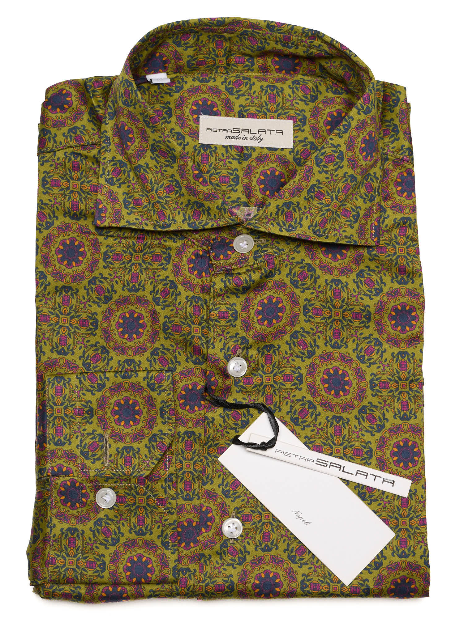 PIETRA SALATA Olive Green with Floral Pattern Cotton Spread Collar Shirt