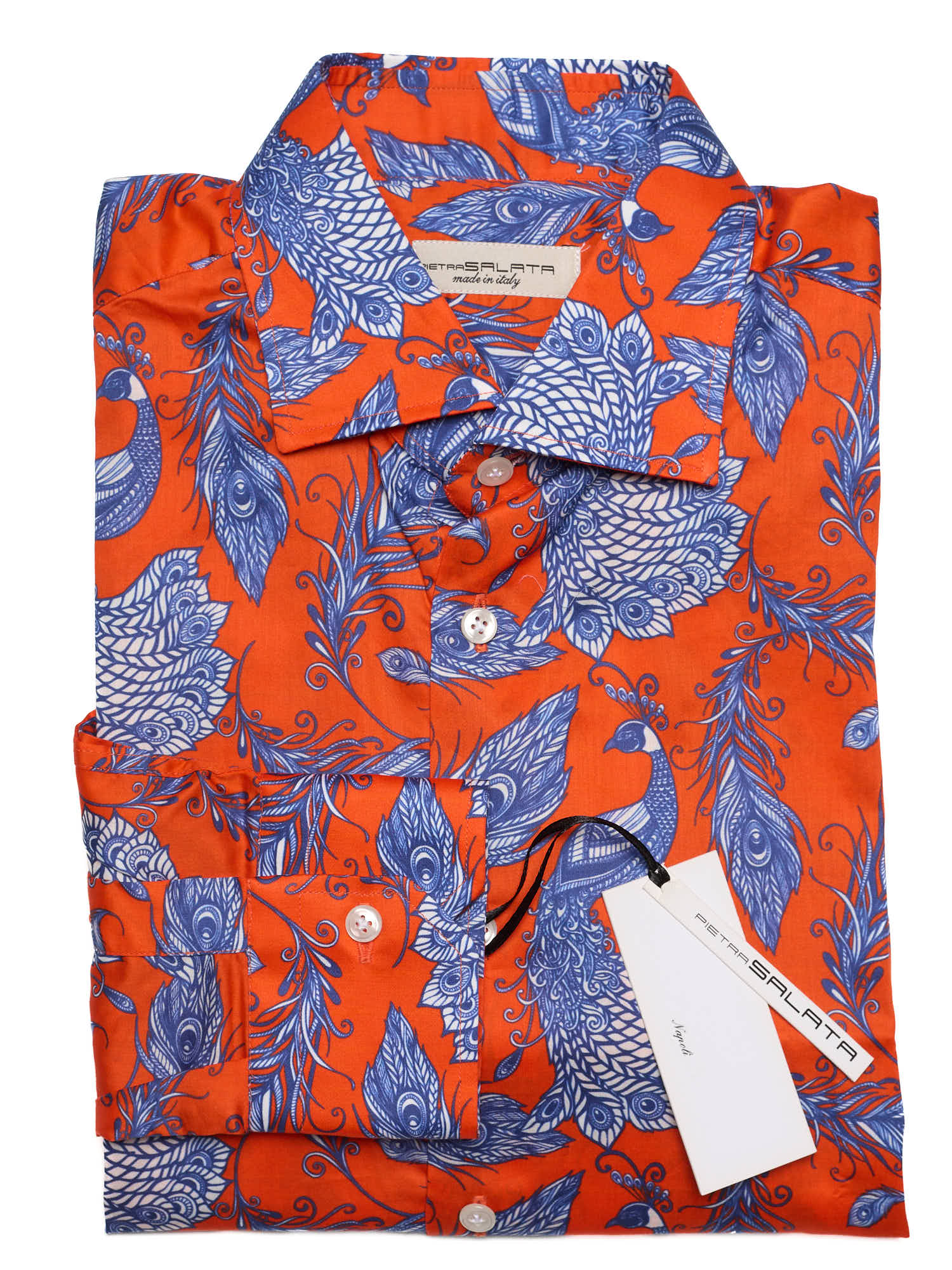 PIETRA SALATA Red-Blue Peacock Pattern Cotton Shirt
