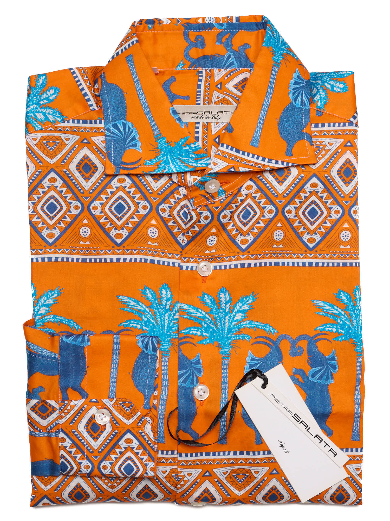 PIETRA SALATA Orange-Blue Pattern Cotton Spread Collar Shirt