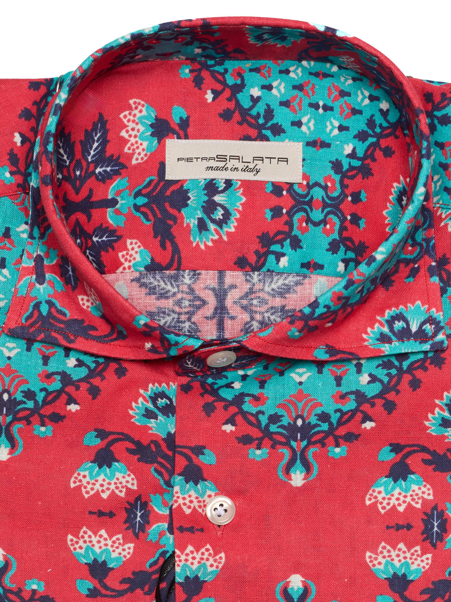 PIETRA SALATA Red-Blue Floral Cotton Spread Collar Shirt