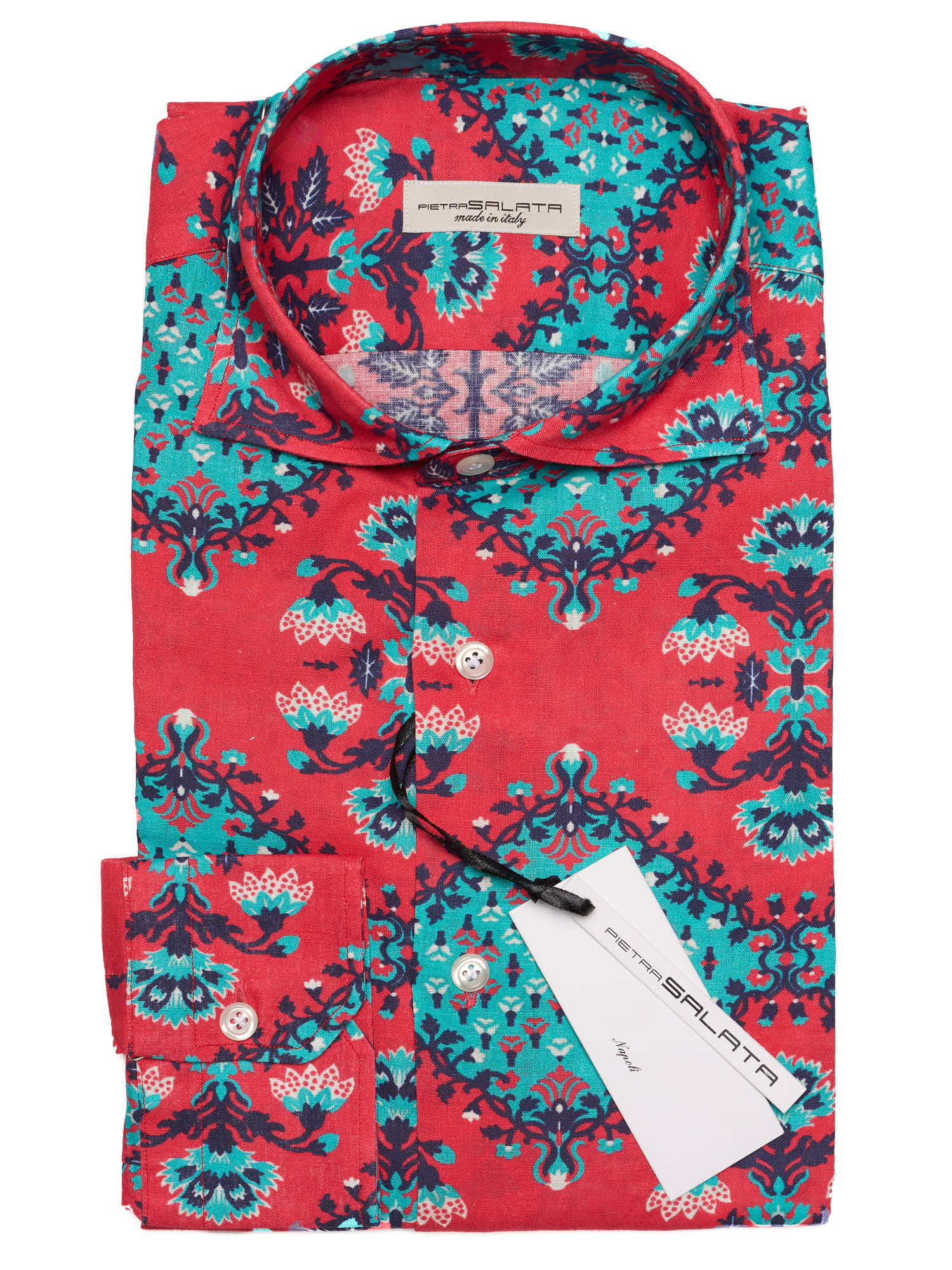 PIETRA SALATA Red-Blue Floral Cotton Spread Collar Shirt