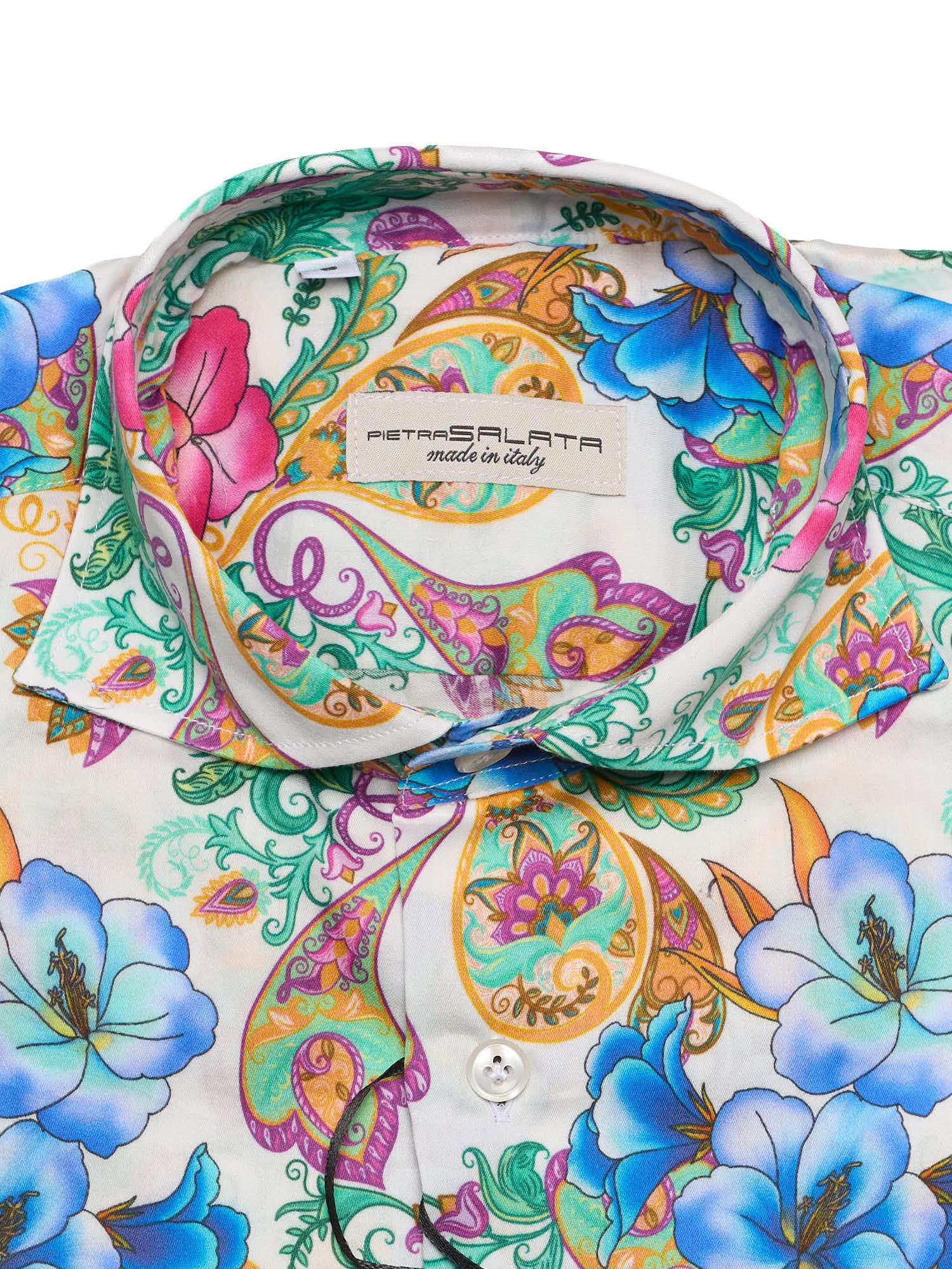 PIETRA SALATA White Floral-Paisley Pattern Cotton Spread Collar Shirt