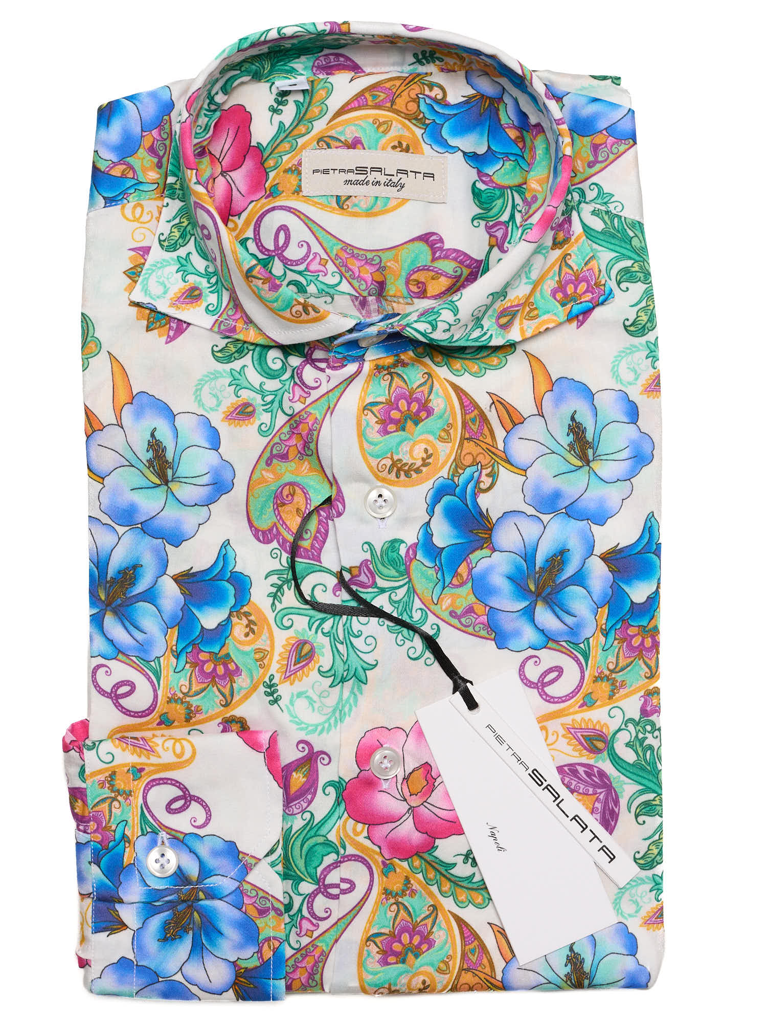 PIETRA SALATA White Floral-Paisley Pattern Cotton Spread Collar Shirt