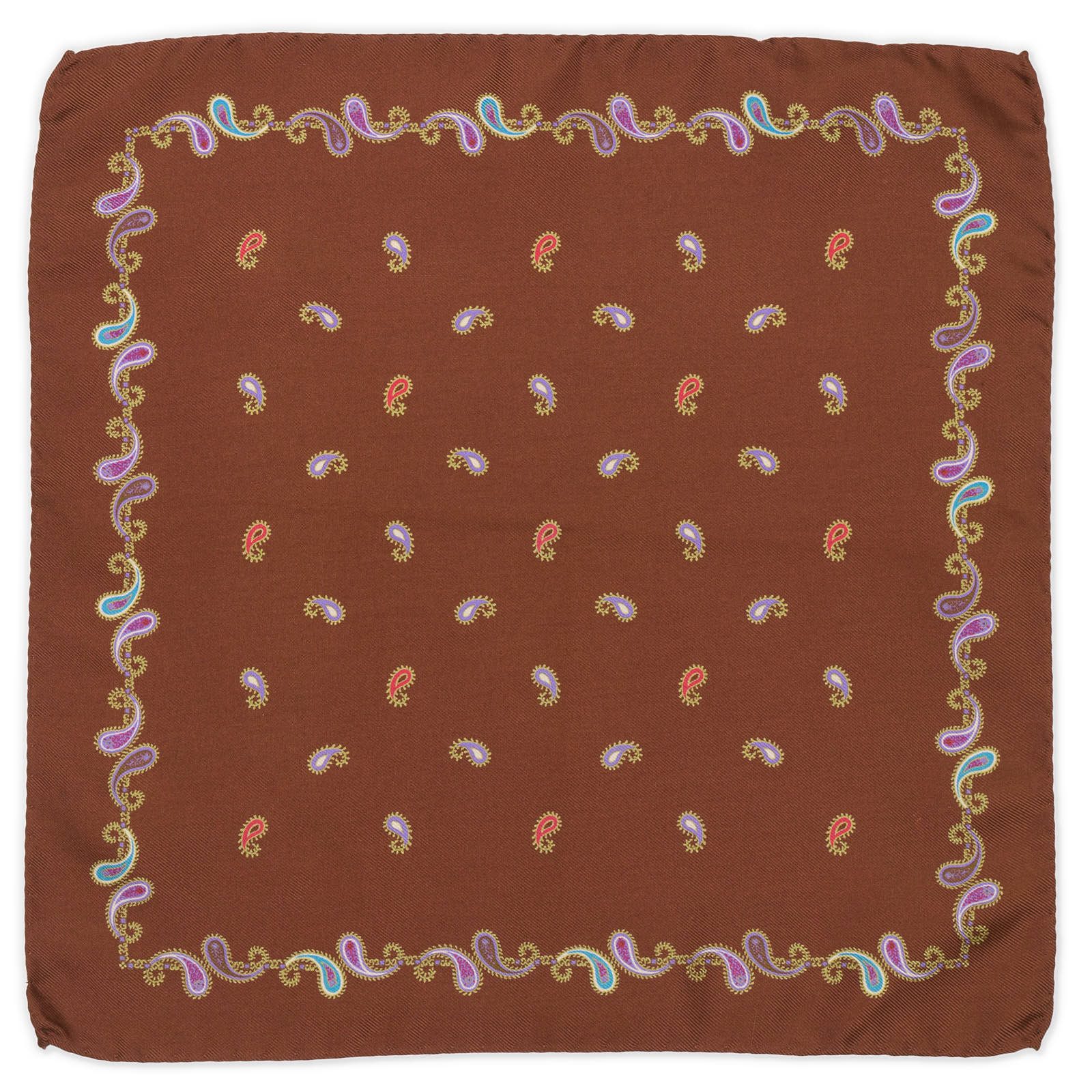 RODA Handmade Brown Boteh Silk Pocket Square NEW 31cm x 31cm