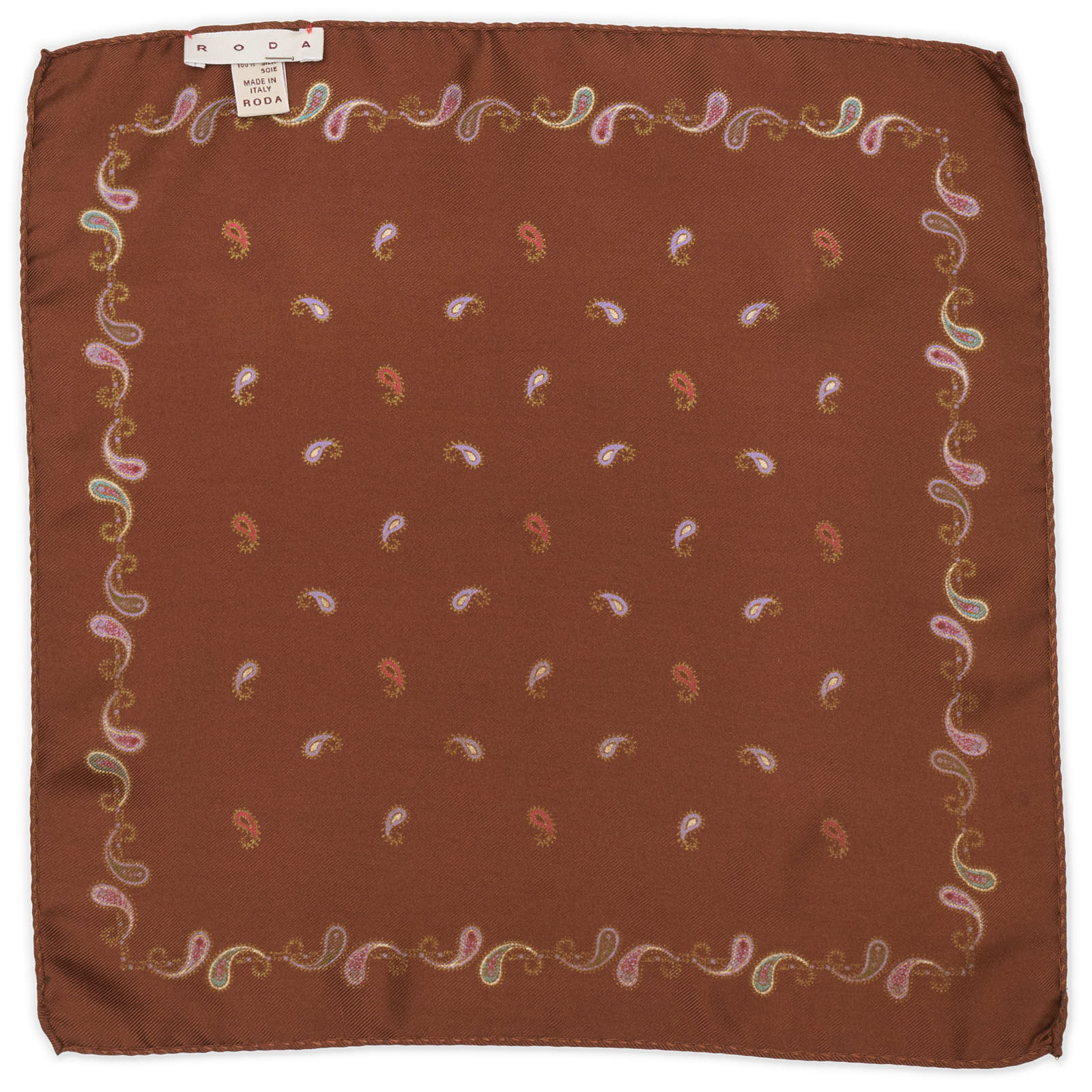 RODA Handmade Brown Boteh Silk Pocket Square NEW 31cm x 31cm