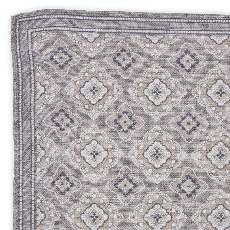 ROSI Handmade Gray Medallion Linen-Cotton Pocket Square NEW 31cm x 31cm