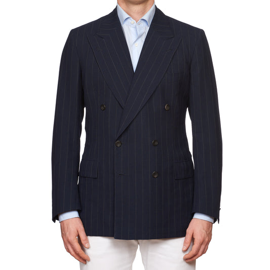 RUBINACCI LH Handmade Bespoke Navy Blue Striped Mohair DB Jacket EU 50 US 40