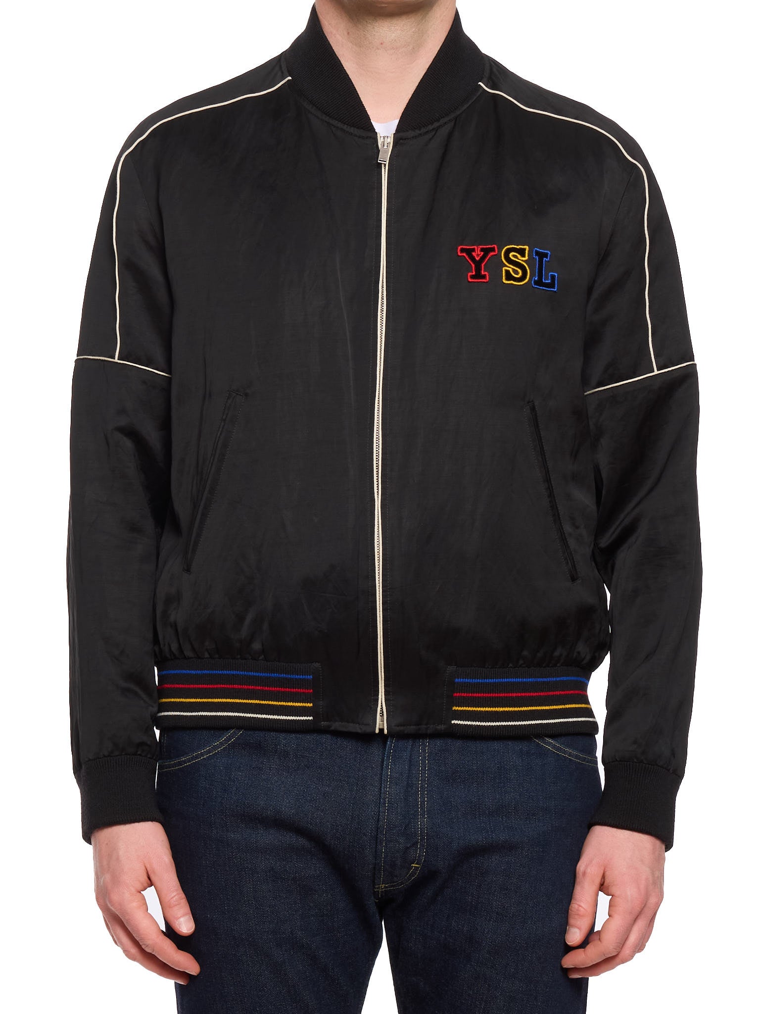 SAINT LAURENT Paris Black Tricolor YSL Logo Teddy Bomber Jacket