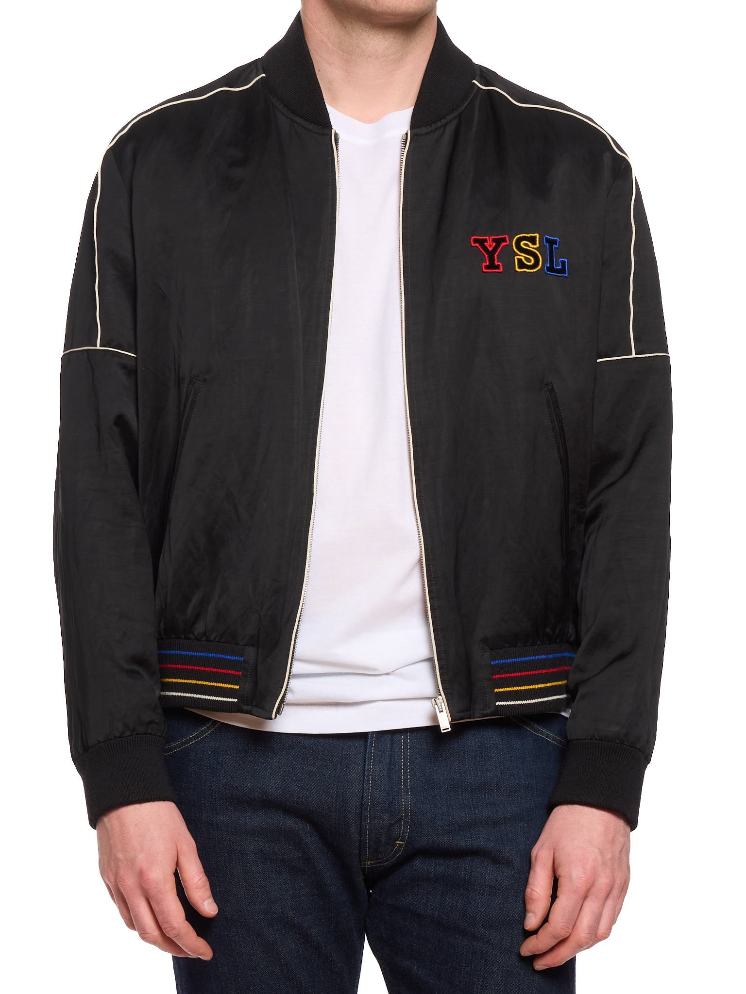 SAINT LAURENT Paris Black Tricolor YSL Logo Teddy Bomber Jacket