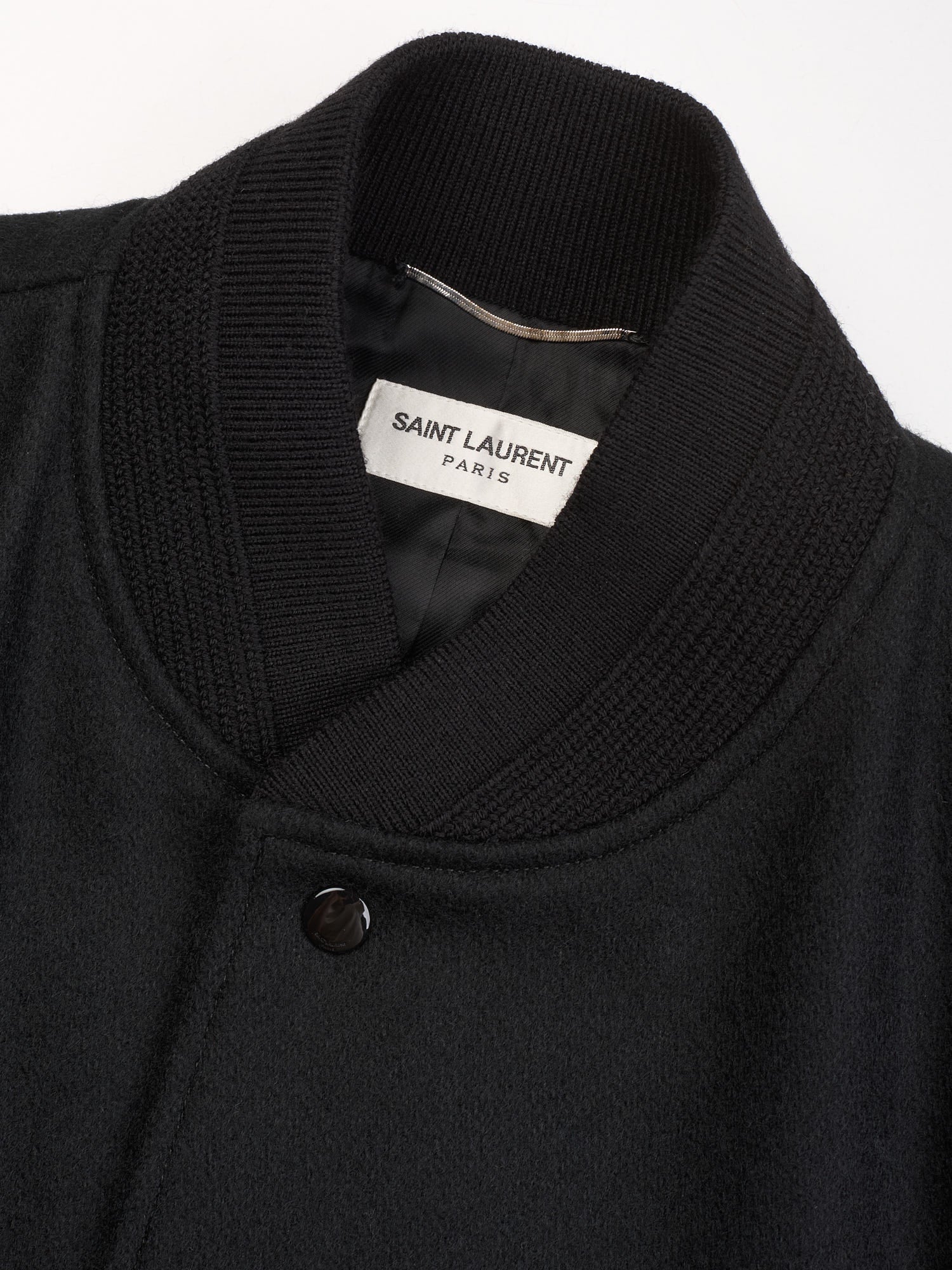 SAINT LAURENT Paris Black Wool Bomber Jacket with Leather Details