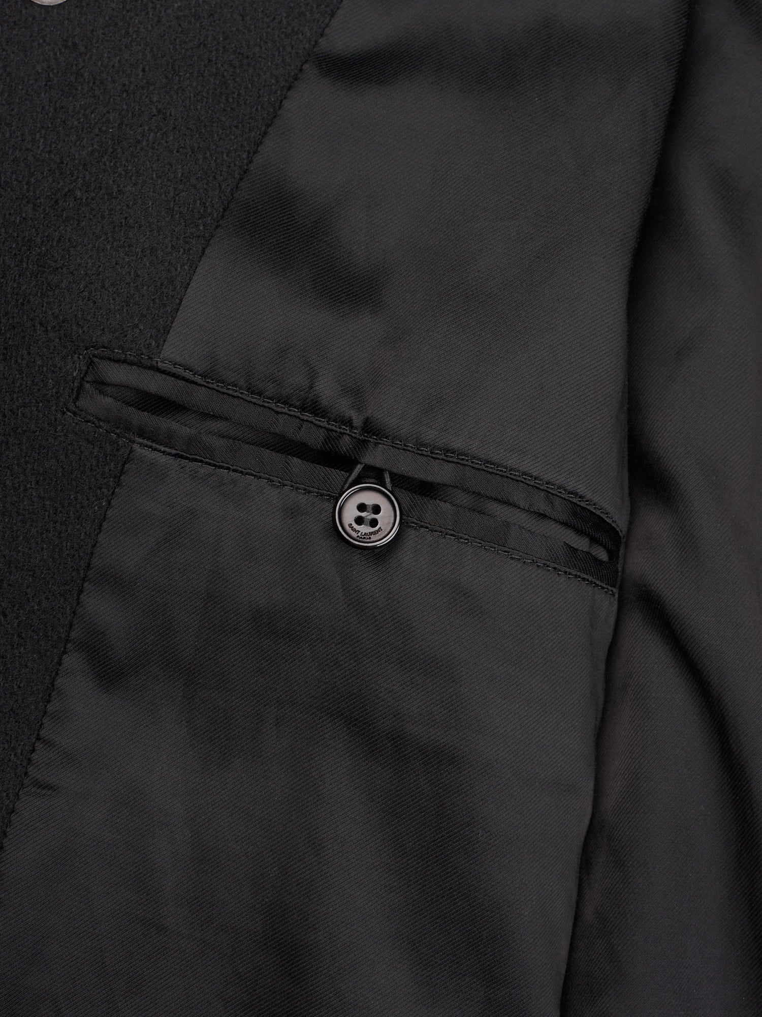 SAINT LAURENT Paris Black Wool Bomber Jacket with Leather Details