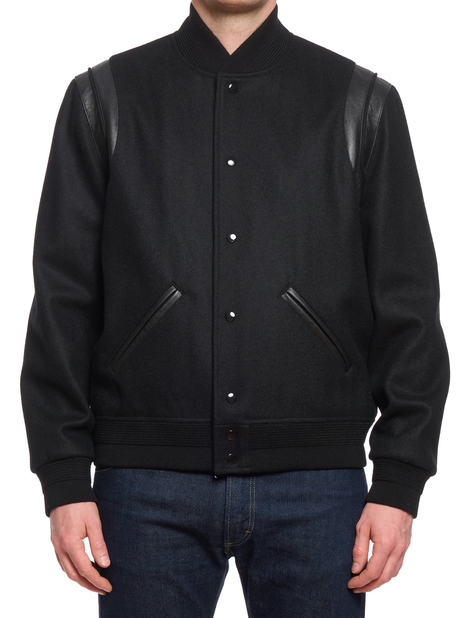 SAINT LAURENT Paris Black Wool Bomber Jacket with Leather Details