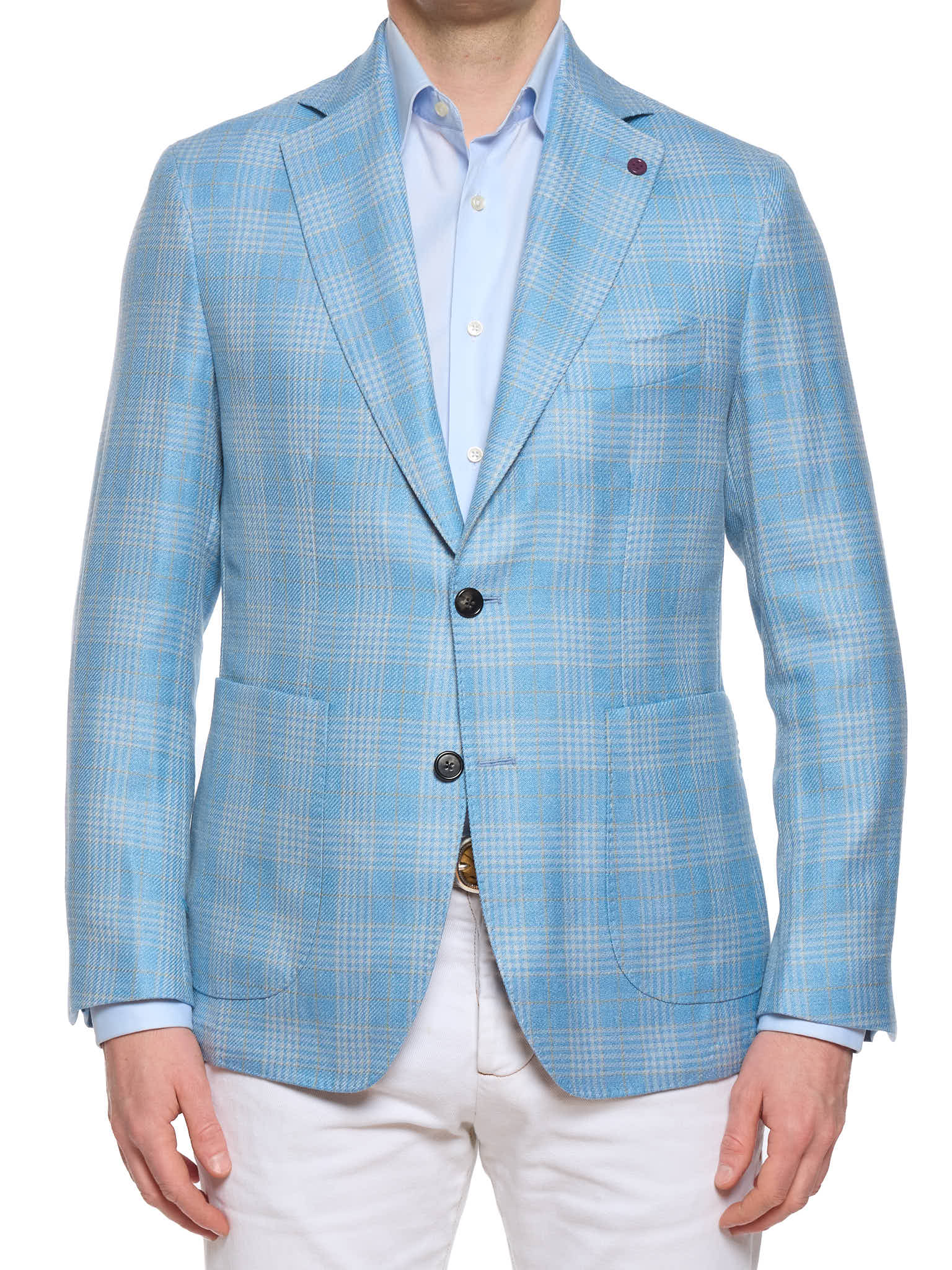 SARTORIA PARTENOPEA "Napoli2" Blue Glen Plaid Wool–Silk–Linen Unlined Jacket