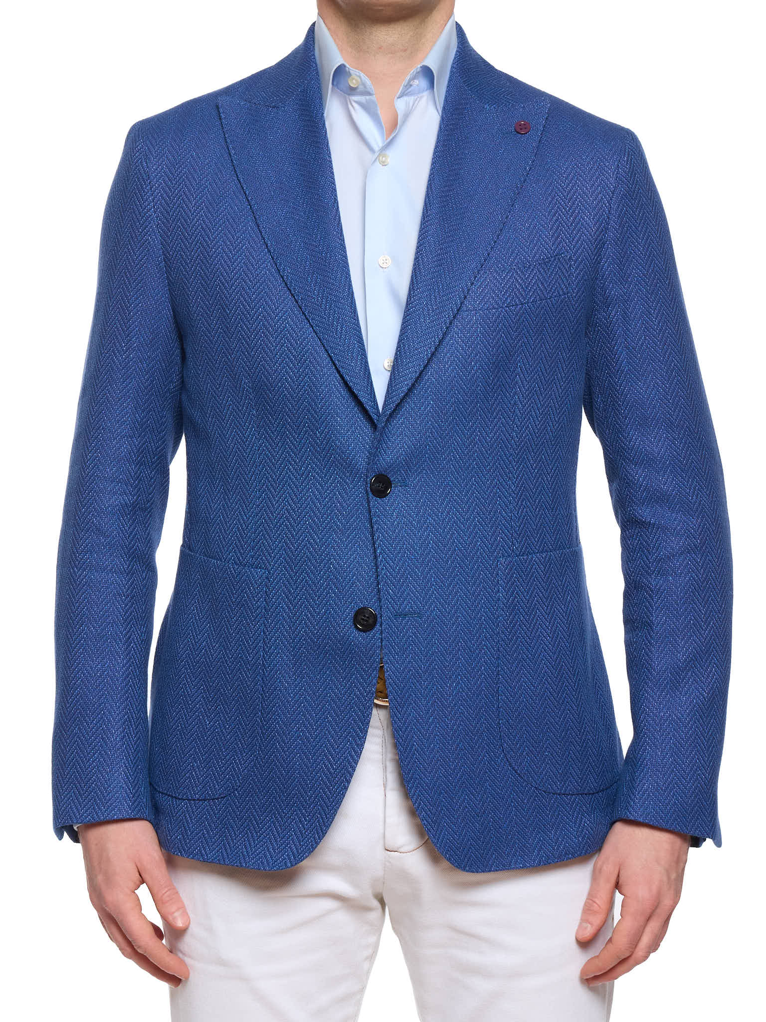 SARTORIA PARTENOPEA "Napoli2" Blue Herringbone Cotton–Linen Unlined Jacket
