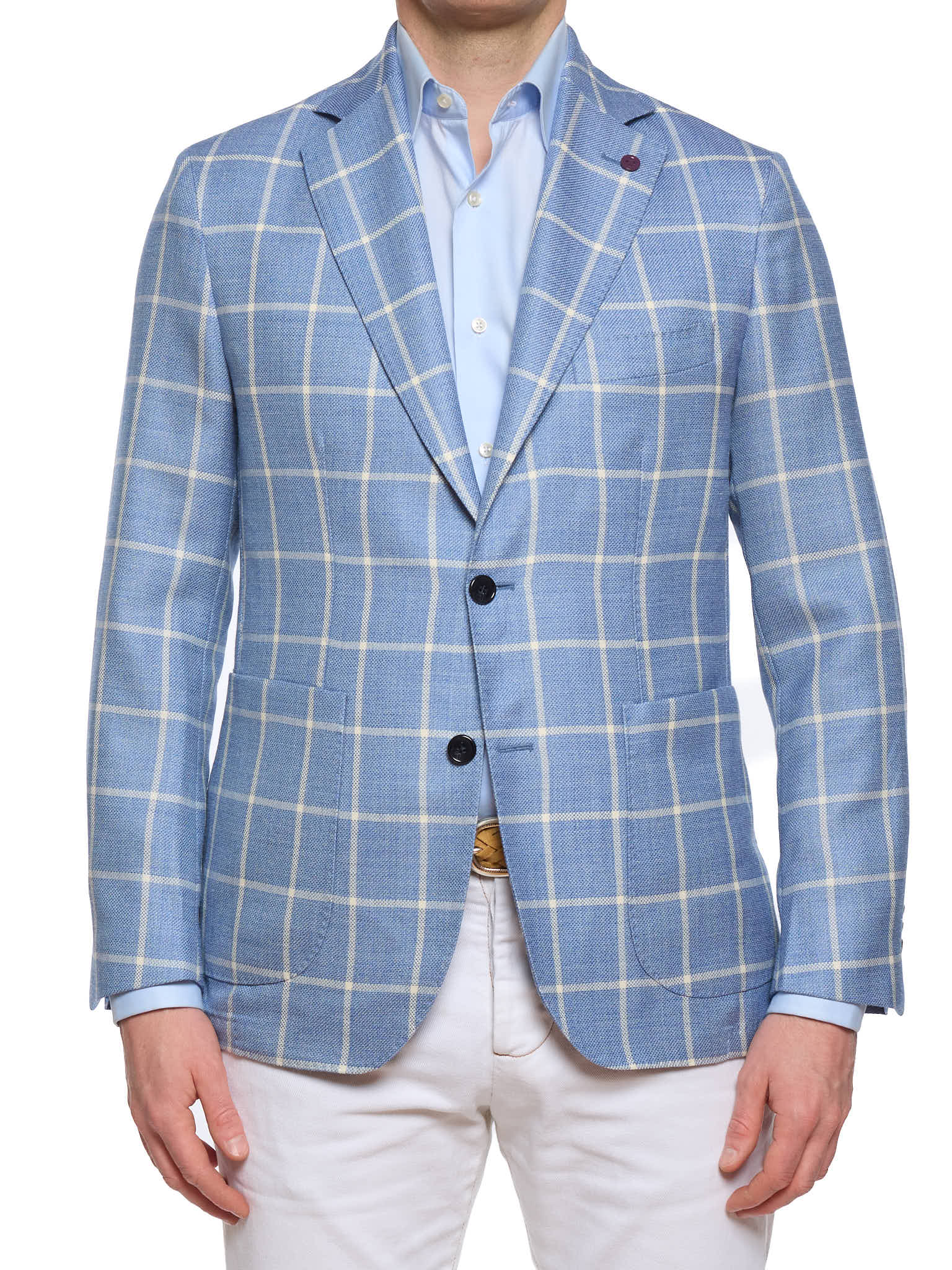 SARTORIA PARTENOPEA "Napoli2" Blue Windowpane Wool–Silk–Linen Unlined Jacket