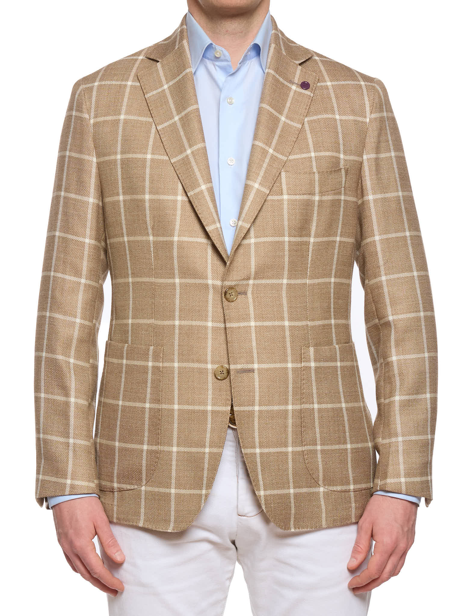 SARTORIA PARTENOPEA "Napoli2" Light Brown Windowpane Wool–Silk–Linen Unlined Jacket