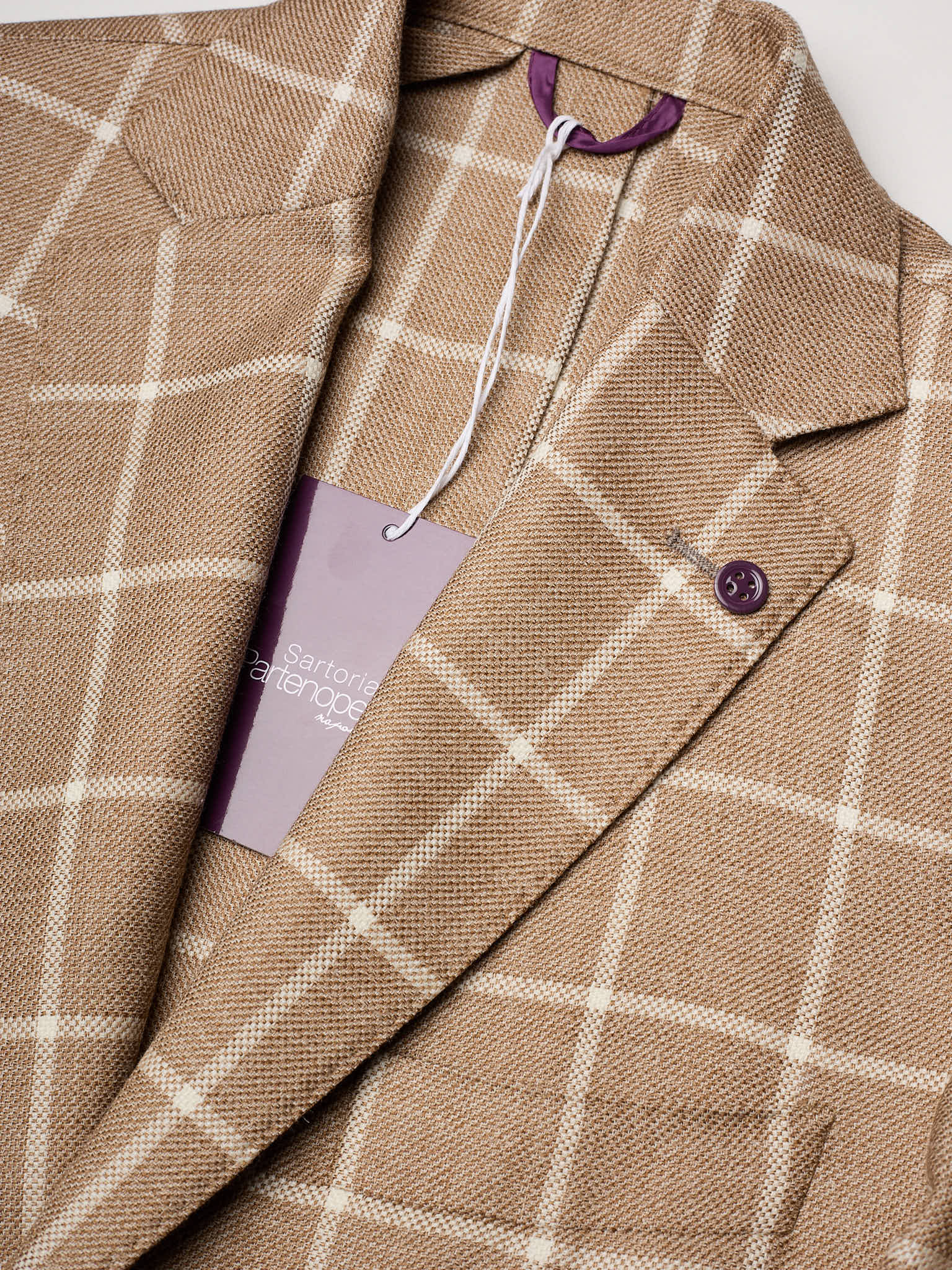 SARTORIA PARTENOPEA "Napoli2" Light Brown Windowpane Wool–Silk–Linen Unlined Jacket