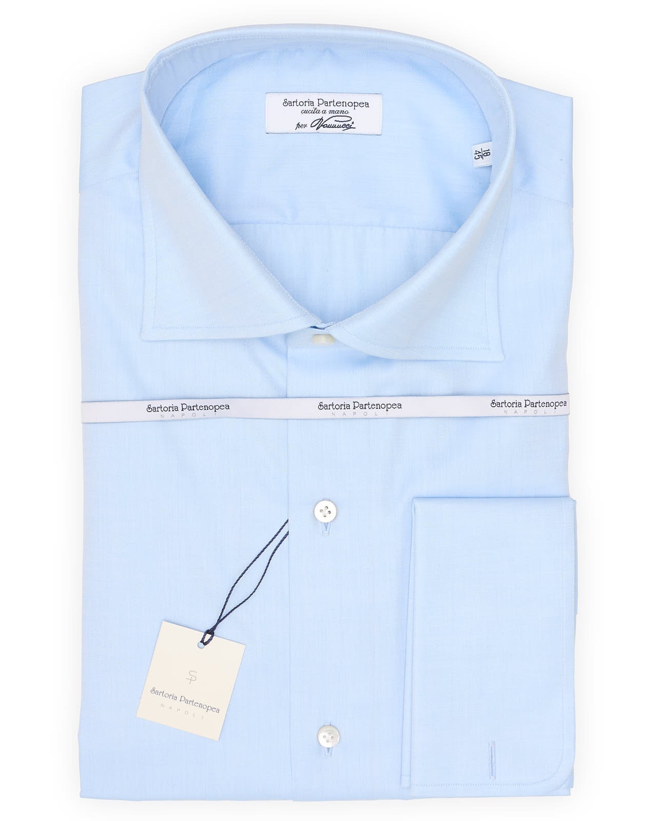 SARTORIA PARTENOPEA for Vannucci Blue Twill French Cuff Dress Shirt EU 45 NEW US 18