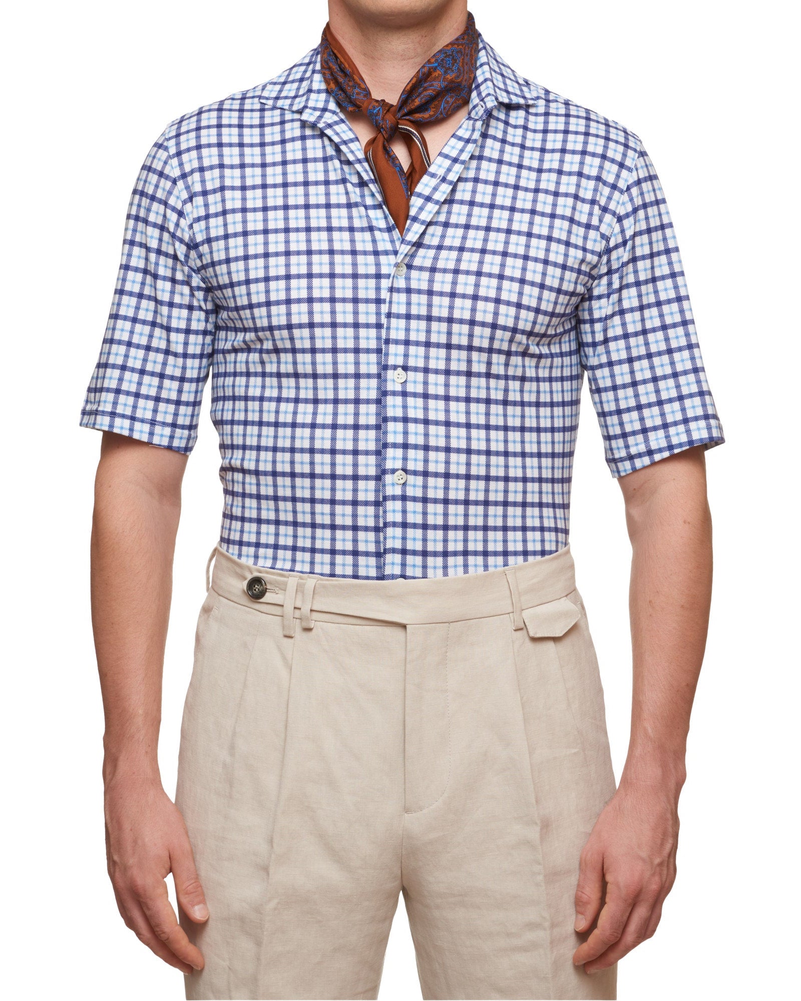 SARTORIO Napoli by KITON Blue-White Plaid Cotton Short Sleeve Casual Shirt NEW SARTORIO