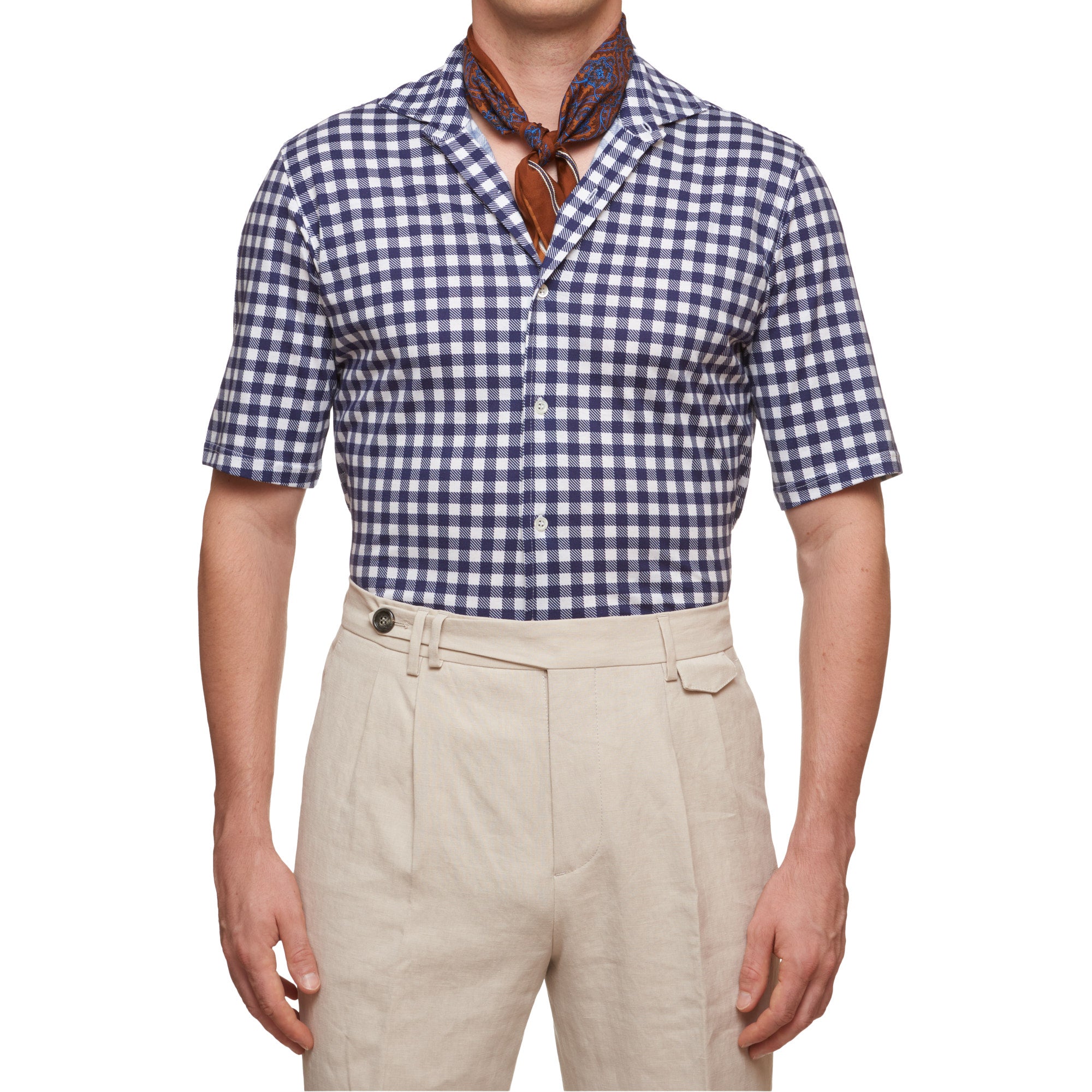 SARTORIO Napoli by KITON Blue Gingham Plaid Cotton Short Sleeve Casual Shirt NEW