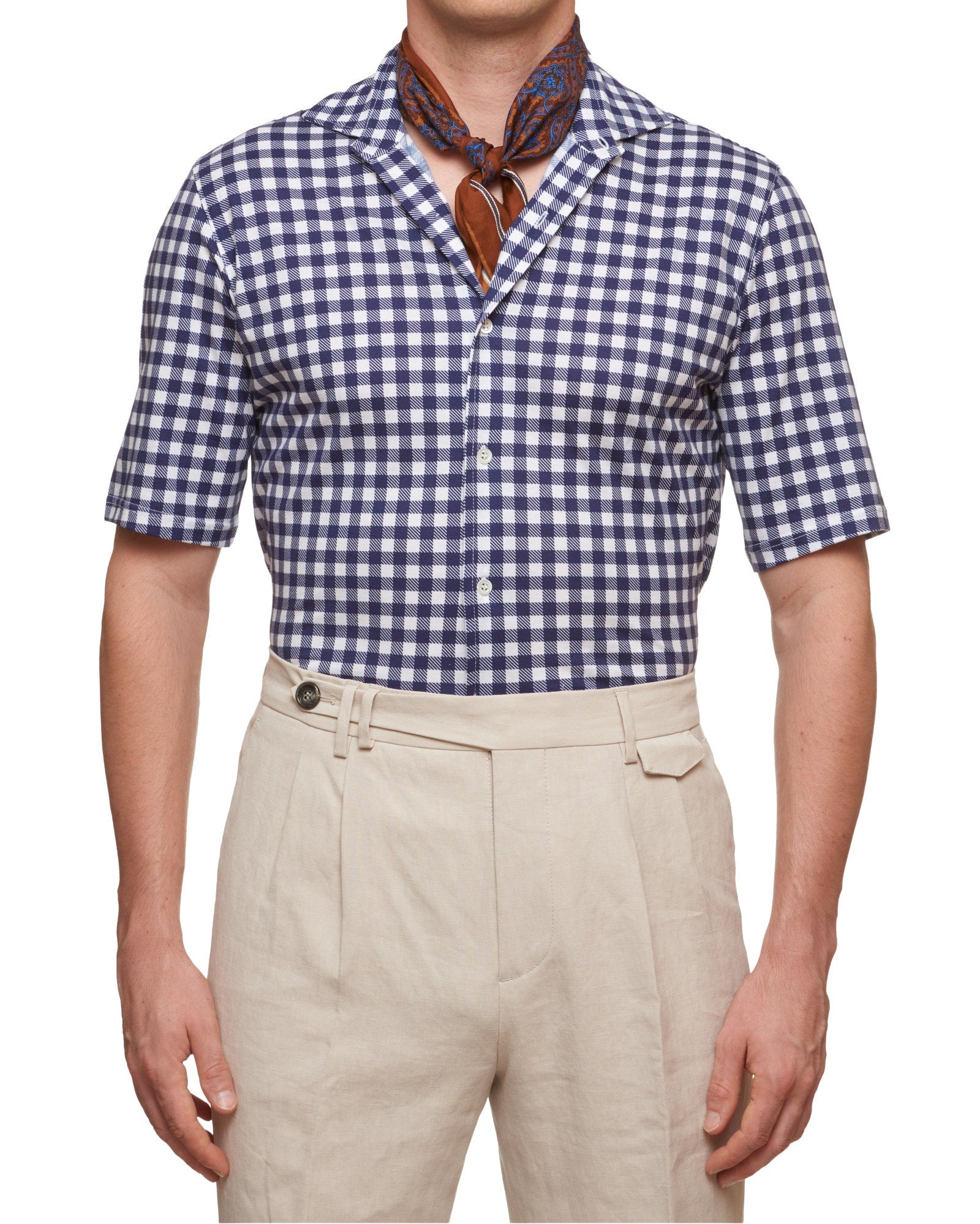 SARTORIO Napoli by KITON Blue Gingham Plaid Cotton Short Sleeve Casual Shirt NEW SARTORIO