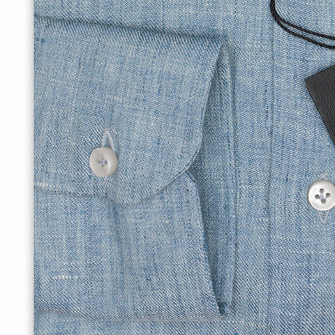 SARTORIO Napoli by KITON Blue Linen Spread Collar Slim Fit Dress Shirt NEW
