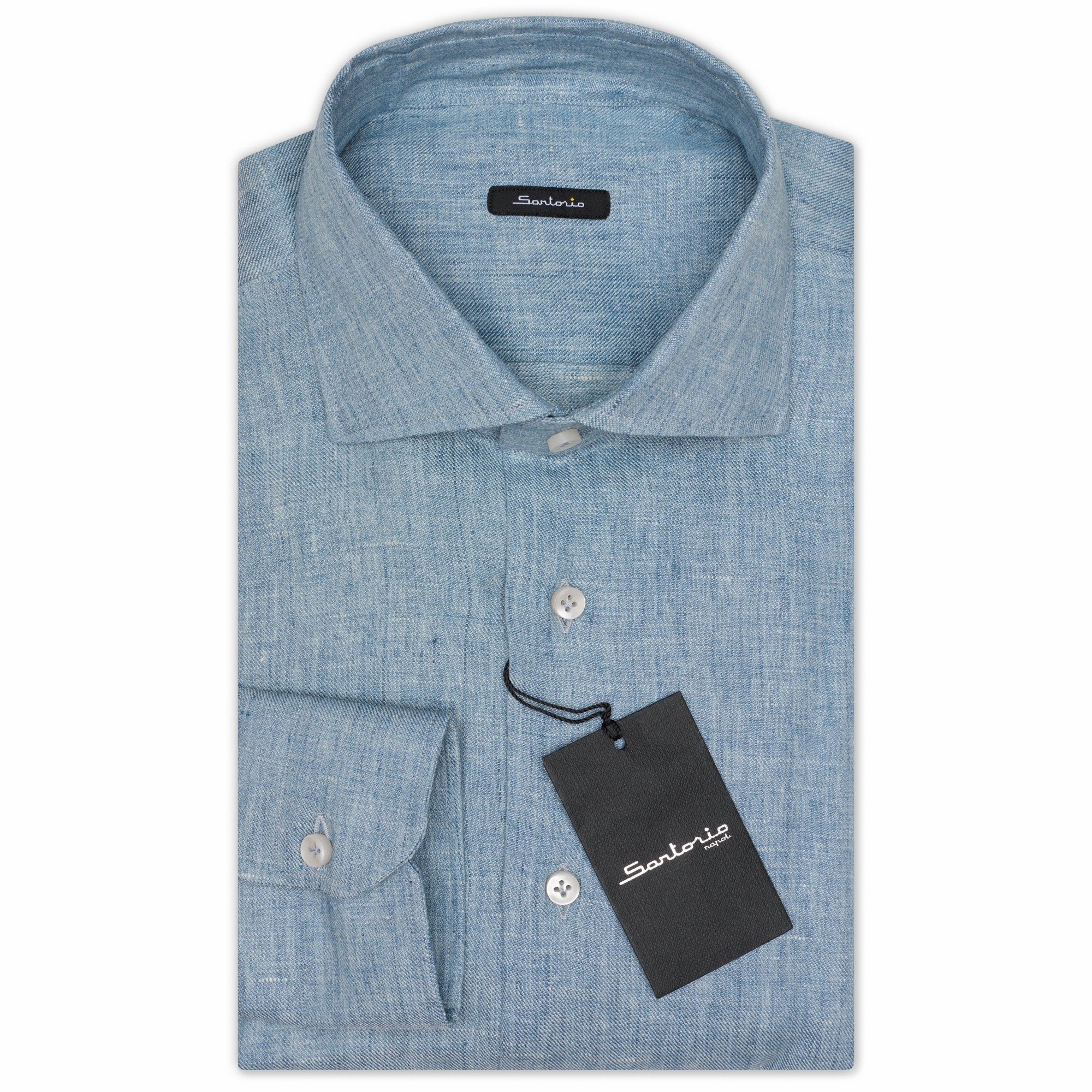 SARTORIO Napoli by KITON Blue Linen Spread Collar Slim Fit Dress Shirt NEW