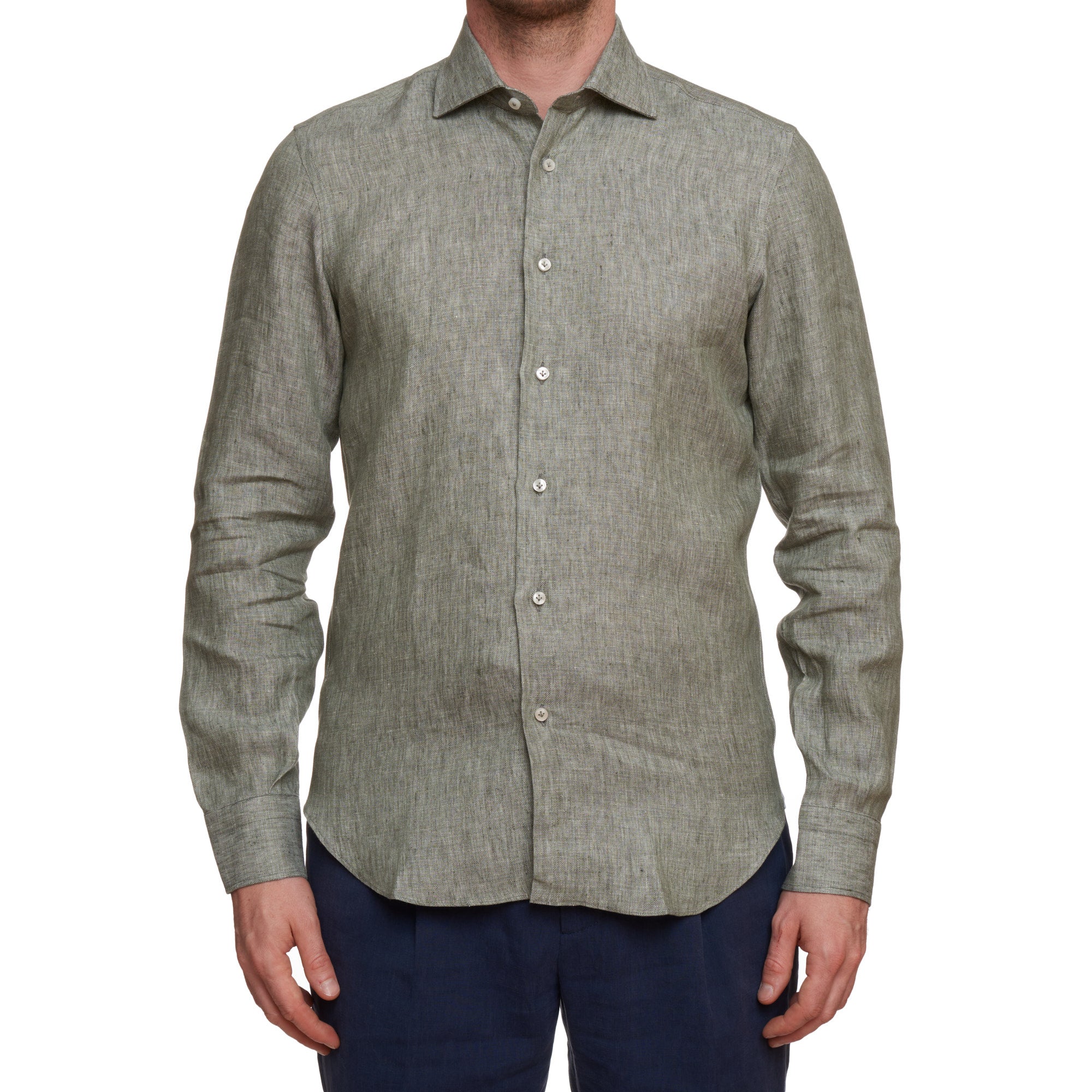 SARTORIO Napoli by KITON Green Linen Spread Collar Shirt Slim Fit NEW SARTORIO