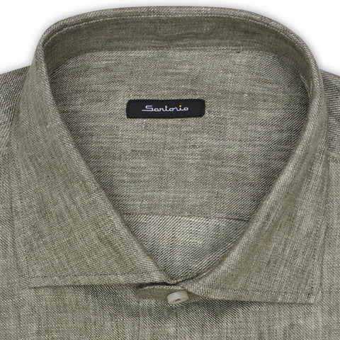 SARTORIO Napoli by KITON Green Linen Spread Collar Shirt Slim Fit NEW