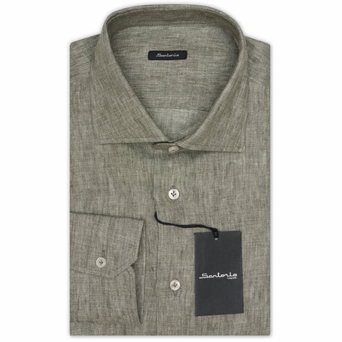 SARTORIO Napoli by KITON Green Linen Spread Collar Shirt Slim Fit NEW