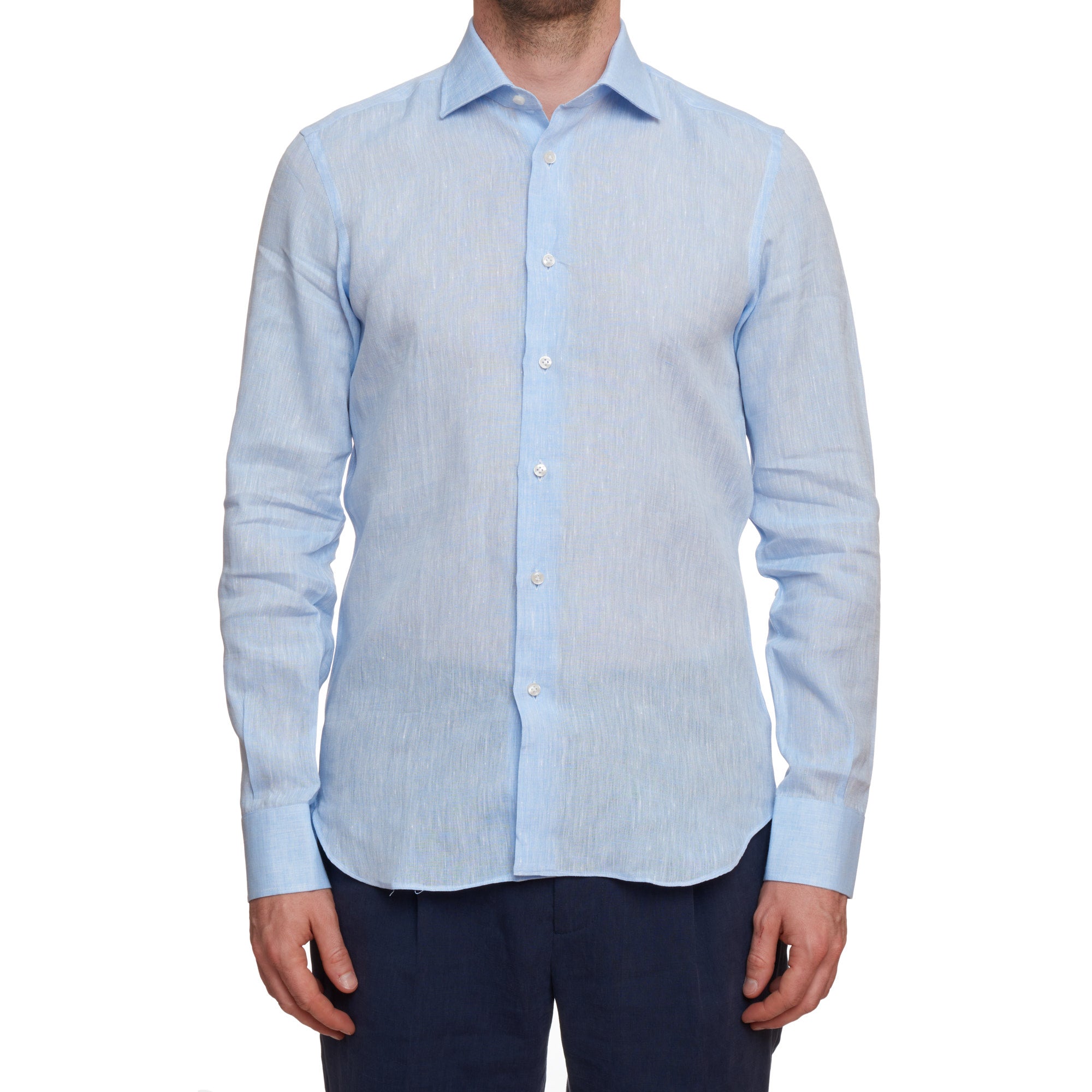 SARTORIO Napoli by KITON Light Blue Linen Spread Collar Shirt Slim Fit NEW SARTORIO