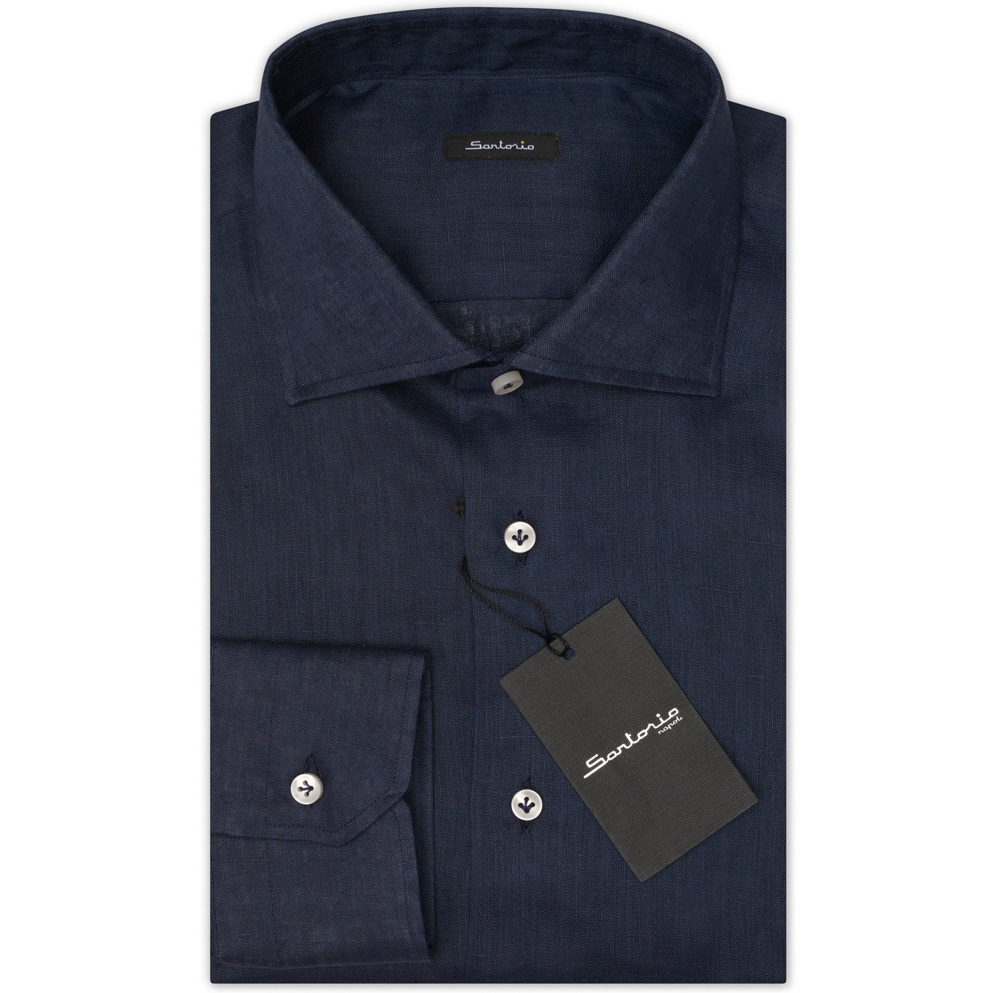 SARTORIO Napoli by KITON Midnight Blue Linen Spread Collar Shirt Slim Fit NEW
