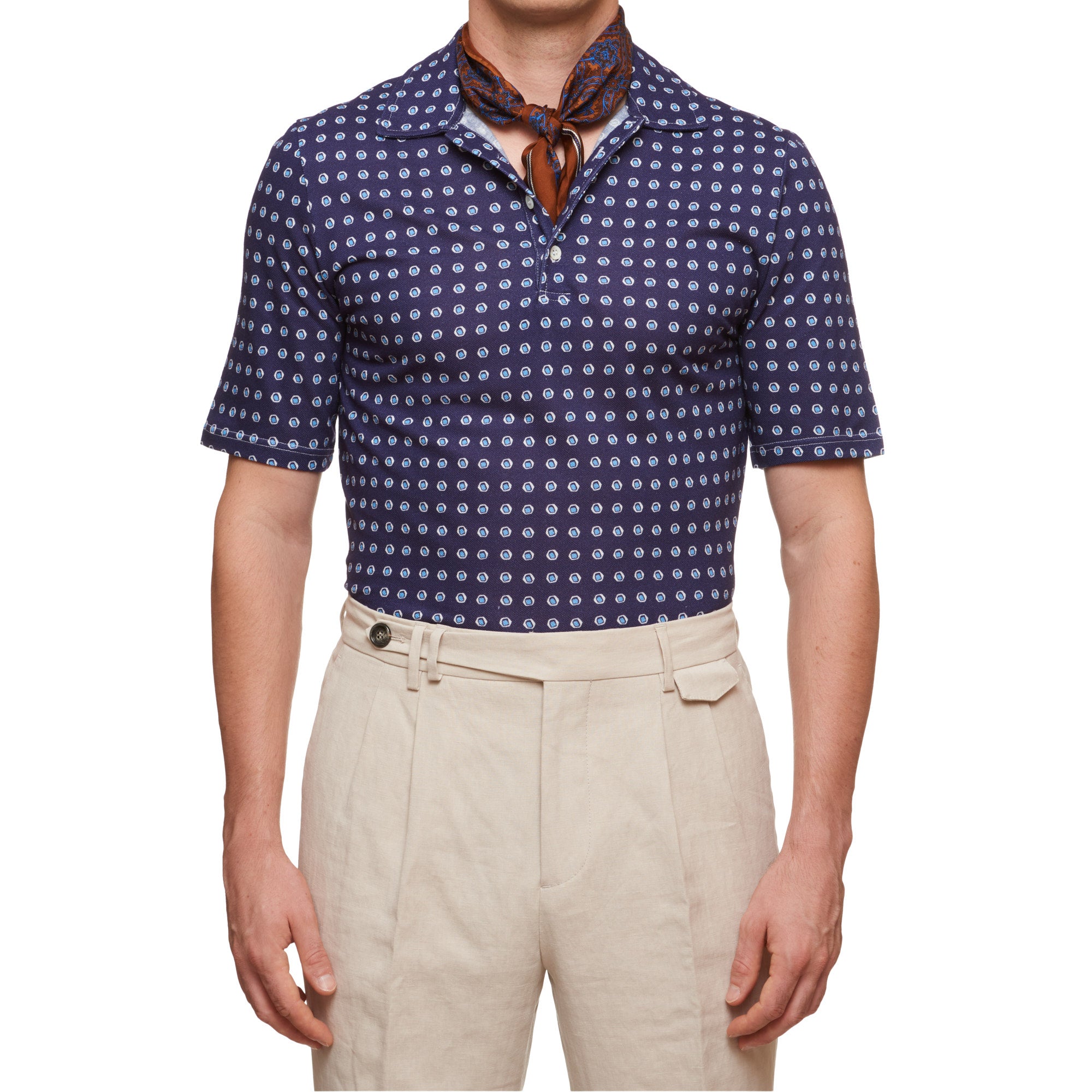 SARTORIO Napoli by KITON Navy Blue Spotted Cotton Pique Short Sleeve Polo Shirt NEW