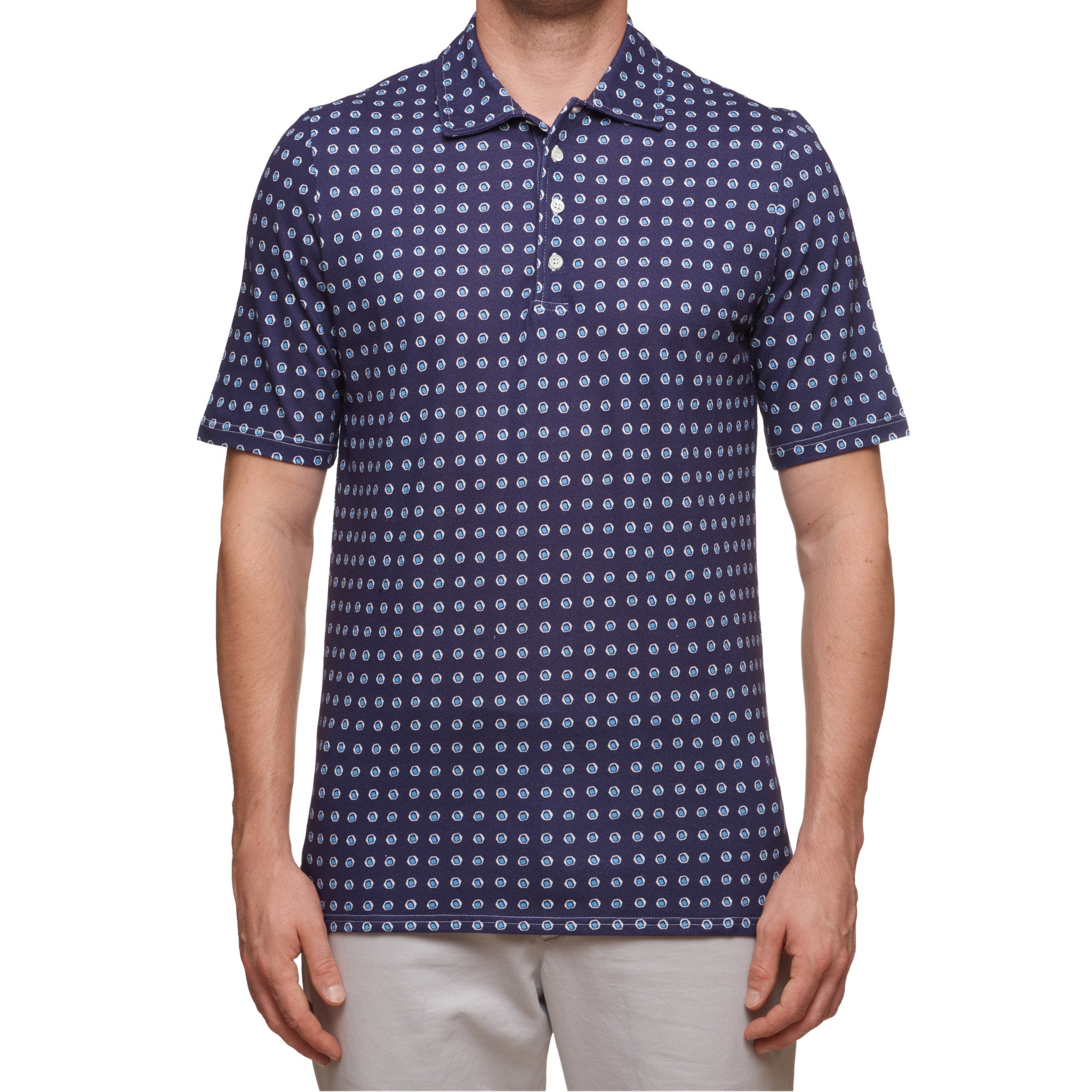 SARTORIO Napoli by KITON Navy Blue Spotted Cotton Pique Short Sleeve Polo Shirt NEW