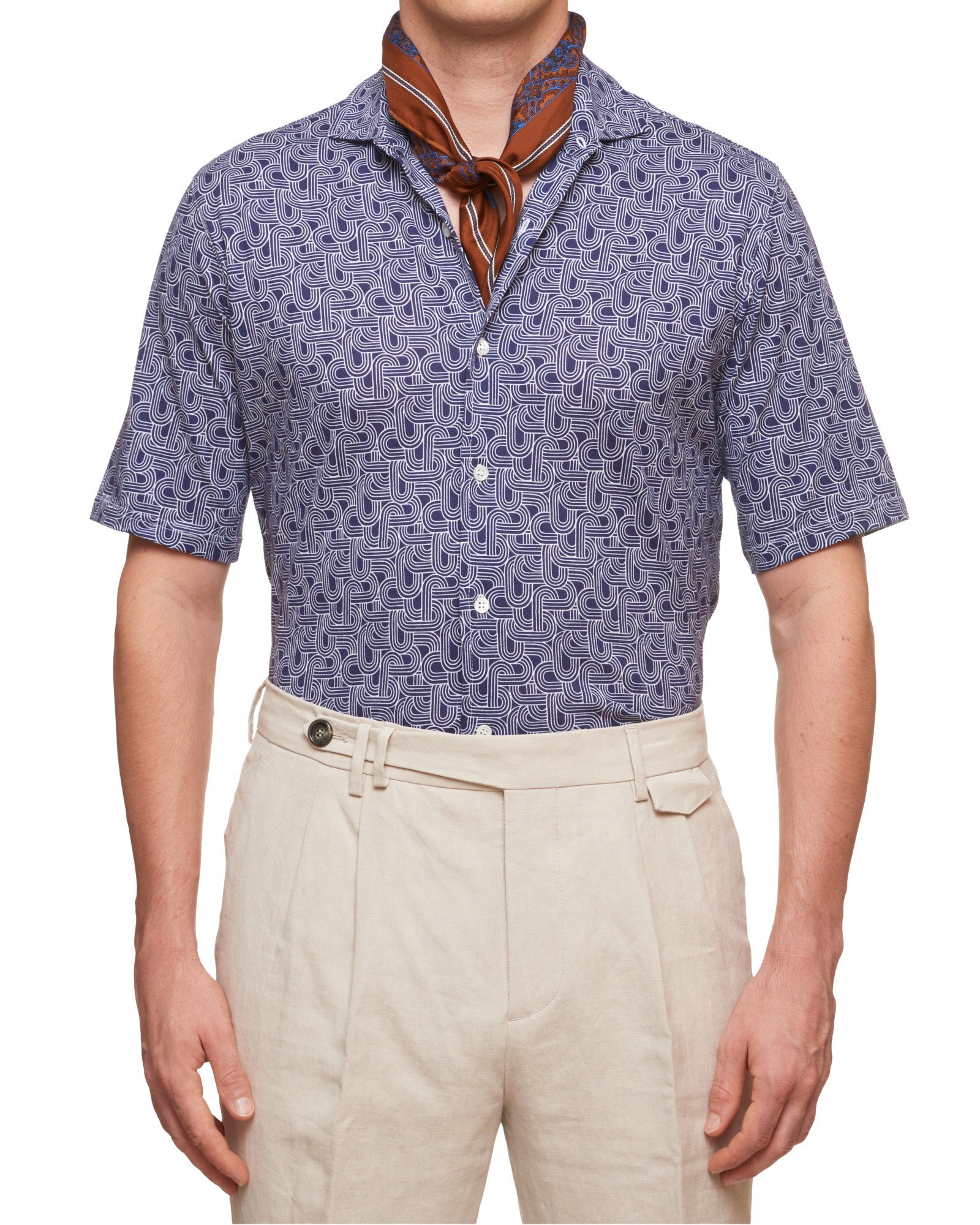 SARTORIO Napoli by KITON Navy Blue Geometric Cotton Short Sleeve Casual Shirt NEW SARTORIO