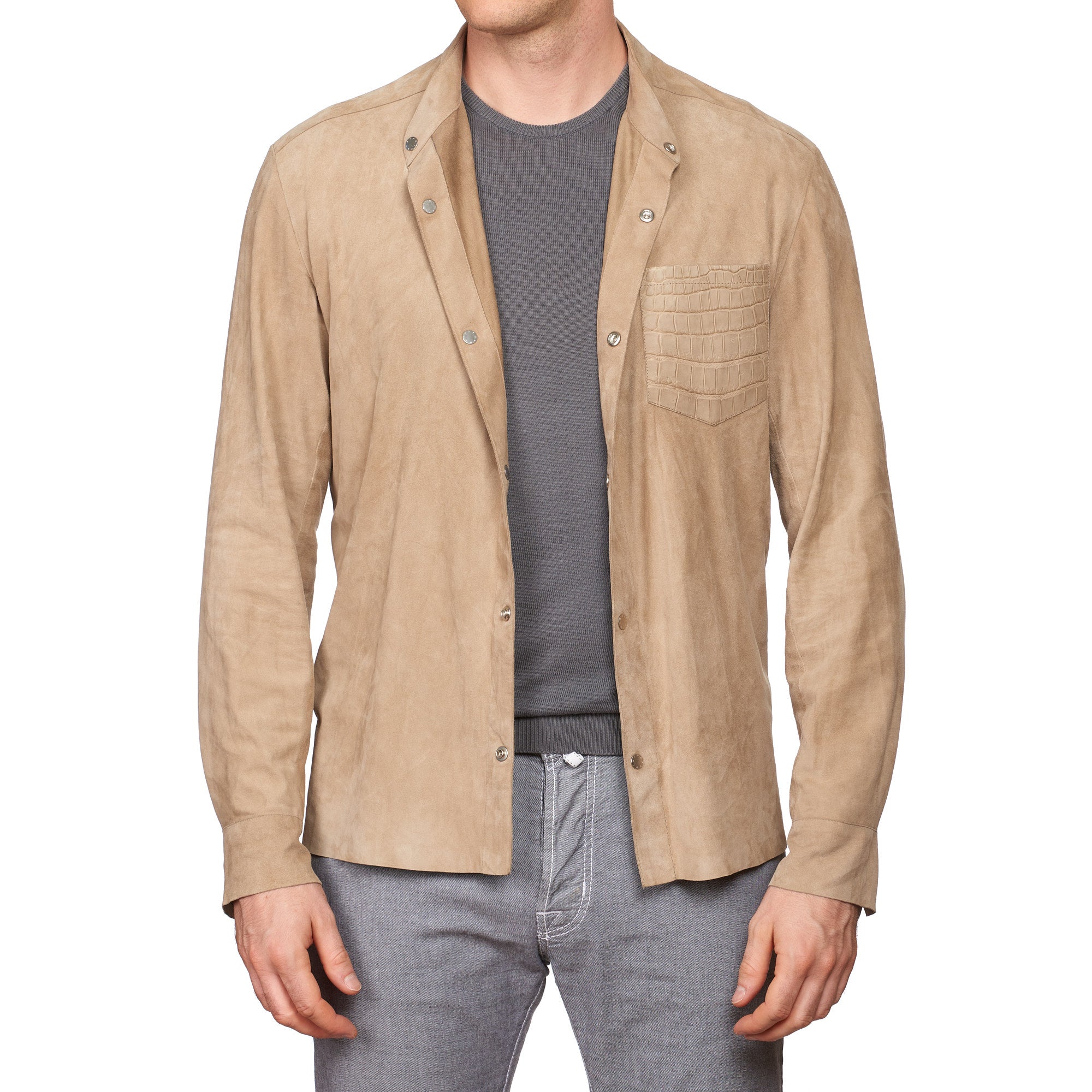 SERAPHIN Beige Goat Suede Leather Unlined Shirt Jacket with Crocodile Pocket FR 50 US M