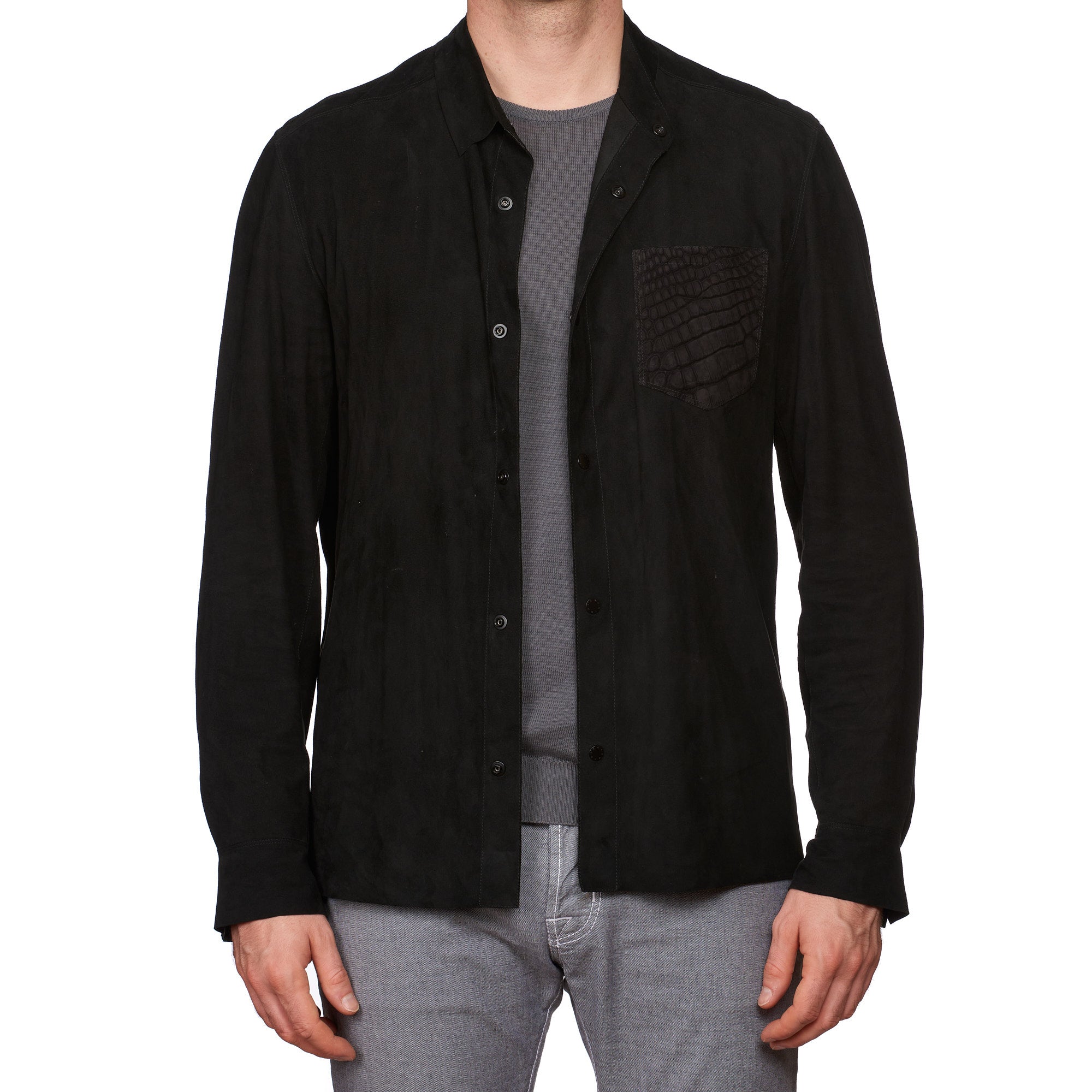 SERAPHIN Black Goat Suede Leather Shirt Jacket with Crocodile Pocket FR 50 US M NEW SERAPHIN