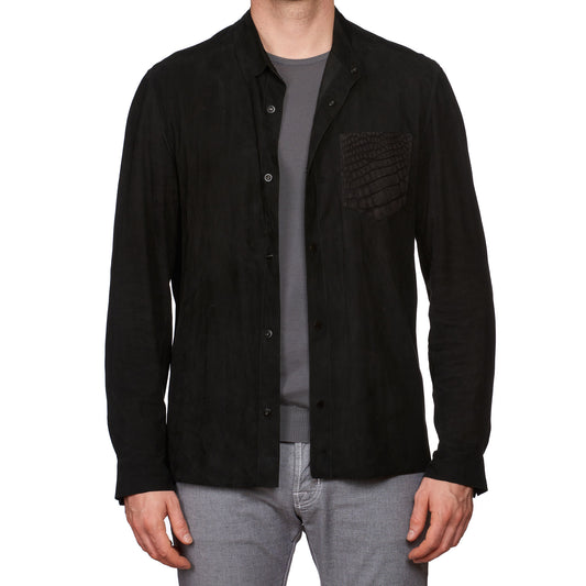 SERAPHIN Black Goat Suede Leather Shirt Jacket with Crocodile Pocket FR 50 US M