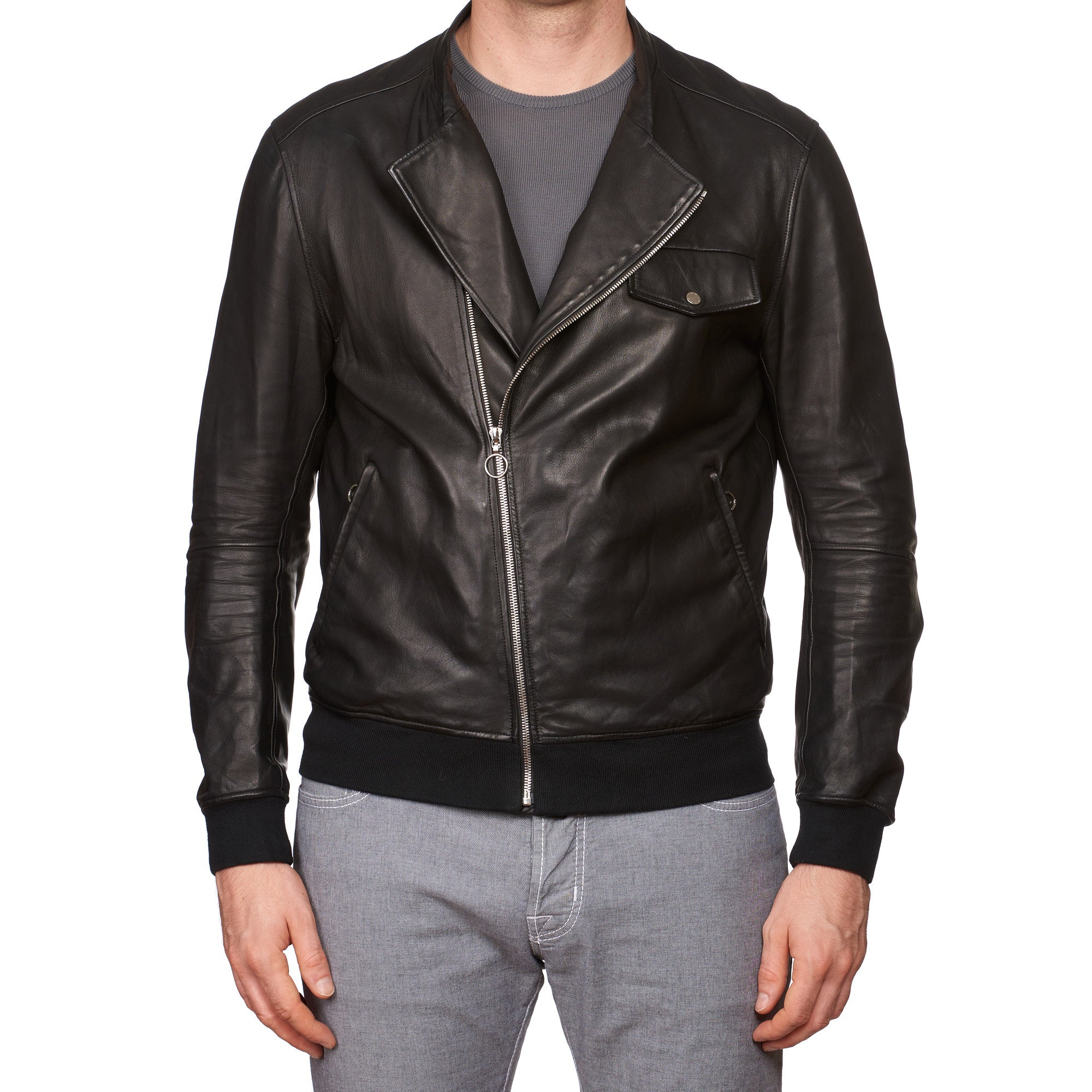 SERAPHIN Black Lamb Leather Unlined Asymmetrical Biker Motorcycle Jacket FR 50 US M