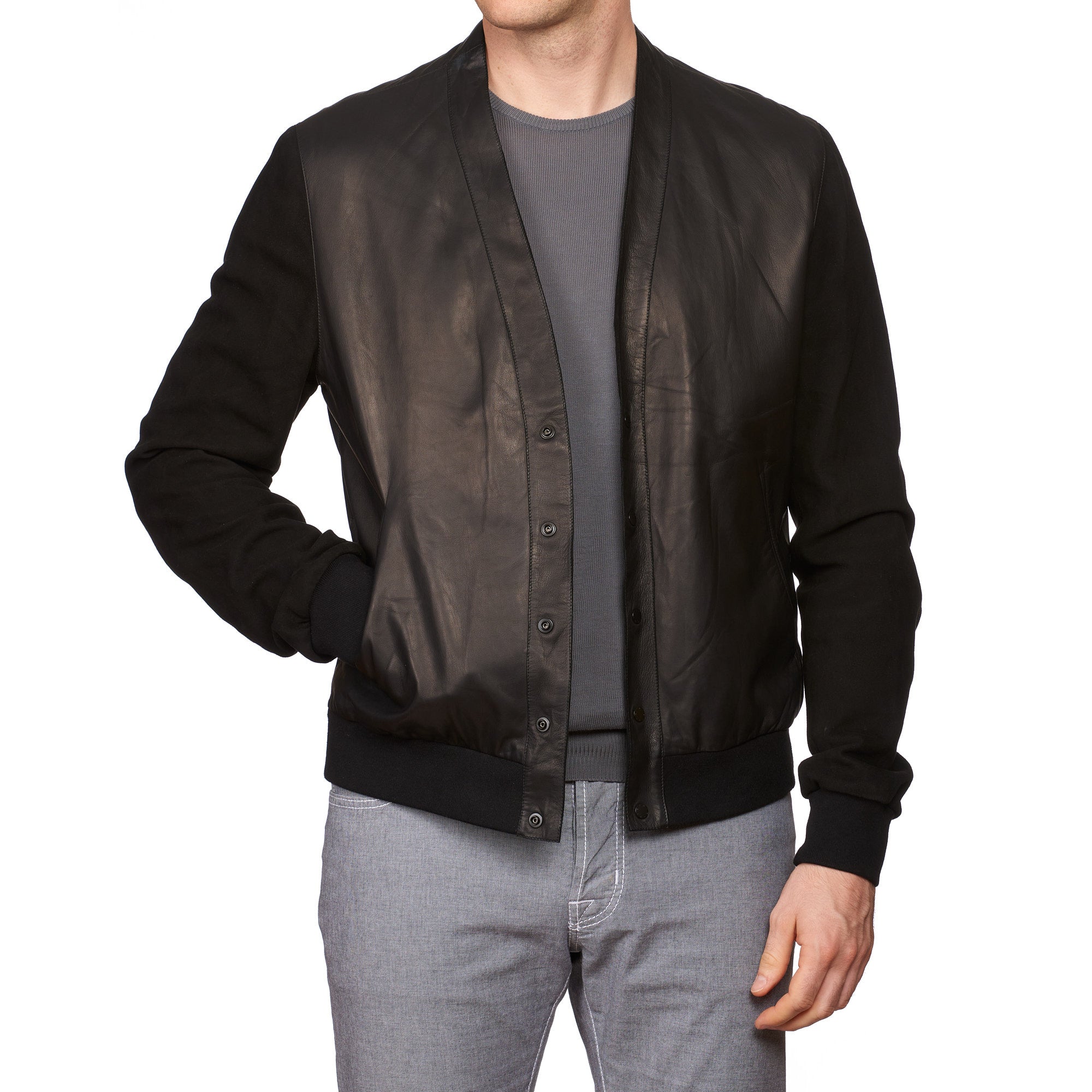 SERAPHIN Black Lamb Nappa & Suede Leather Unlined Cardigan Jacket Blouson FR 52 US L NEW