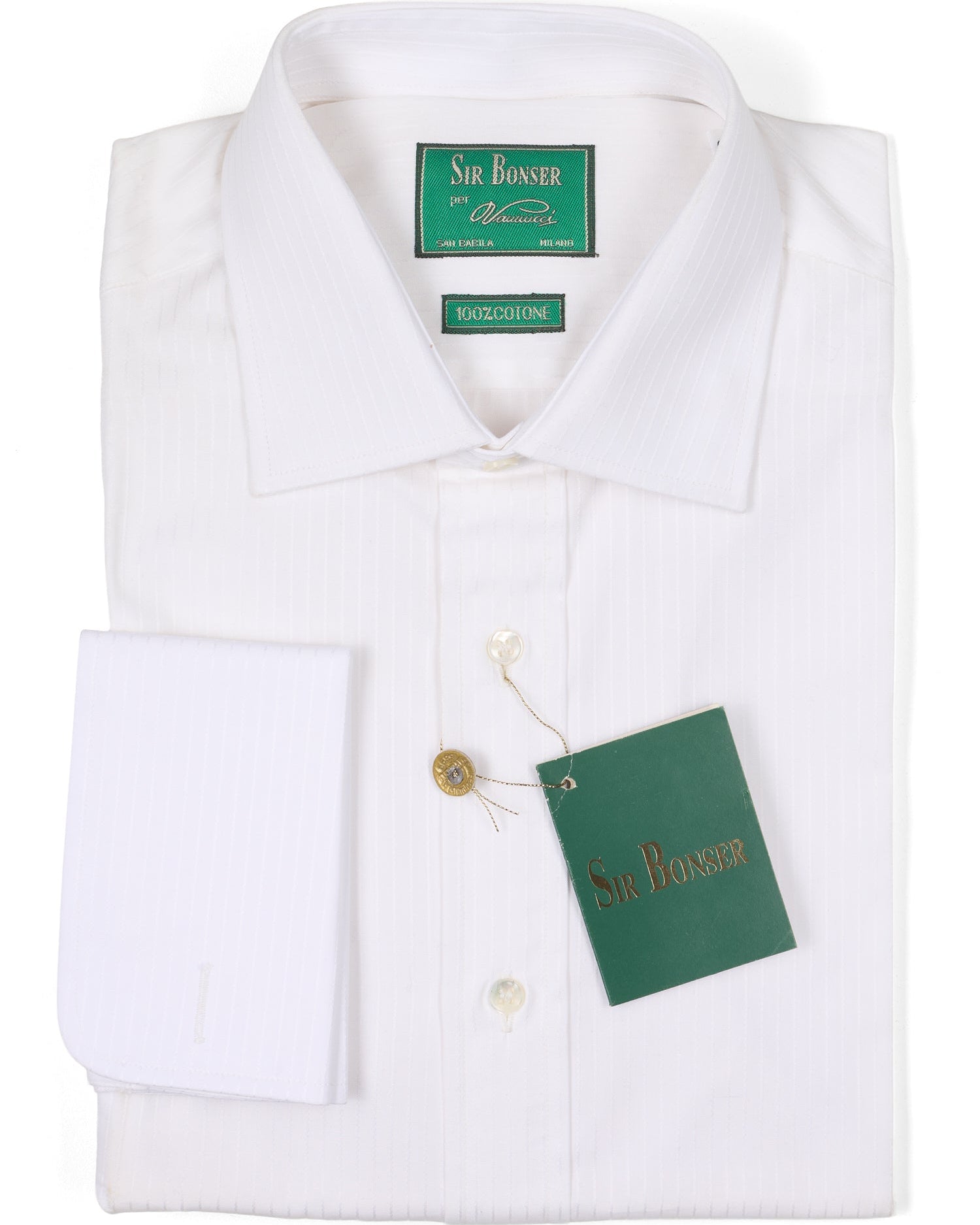 SIR BONSER for Vannucci White Striped Dobby Cotton French Cuff Dress Shirt
