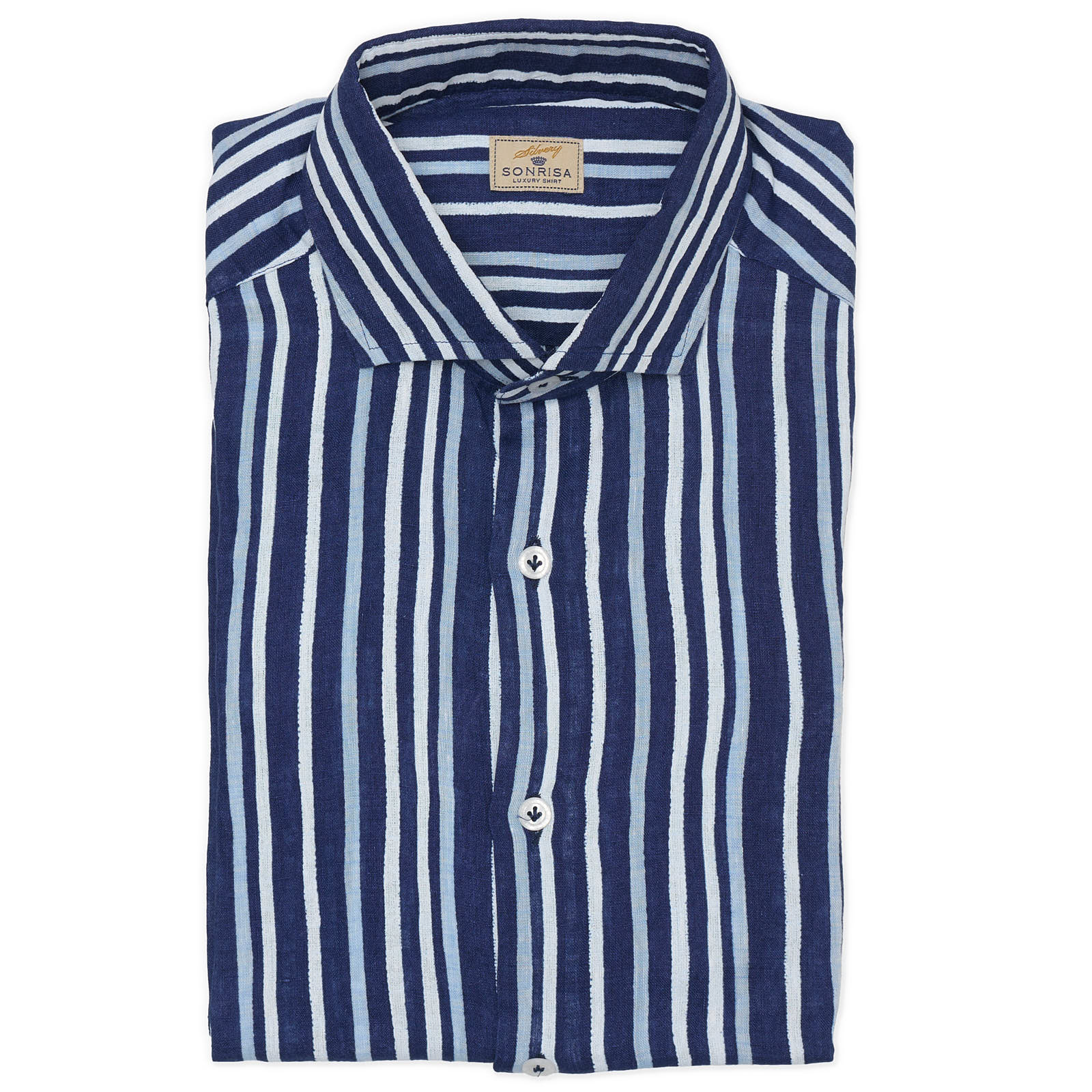 SONRISA Milano Navy Blue Striped Linen Dress Shirt EU 39 NEW US 15.5