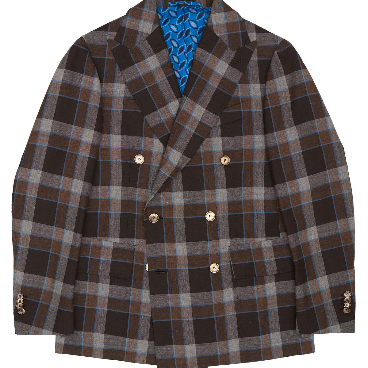 STILE LATINO Handmade Brown Plaid Double Breasted Wool Slim Fit Jacket